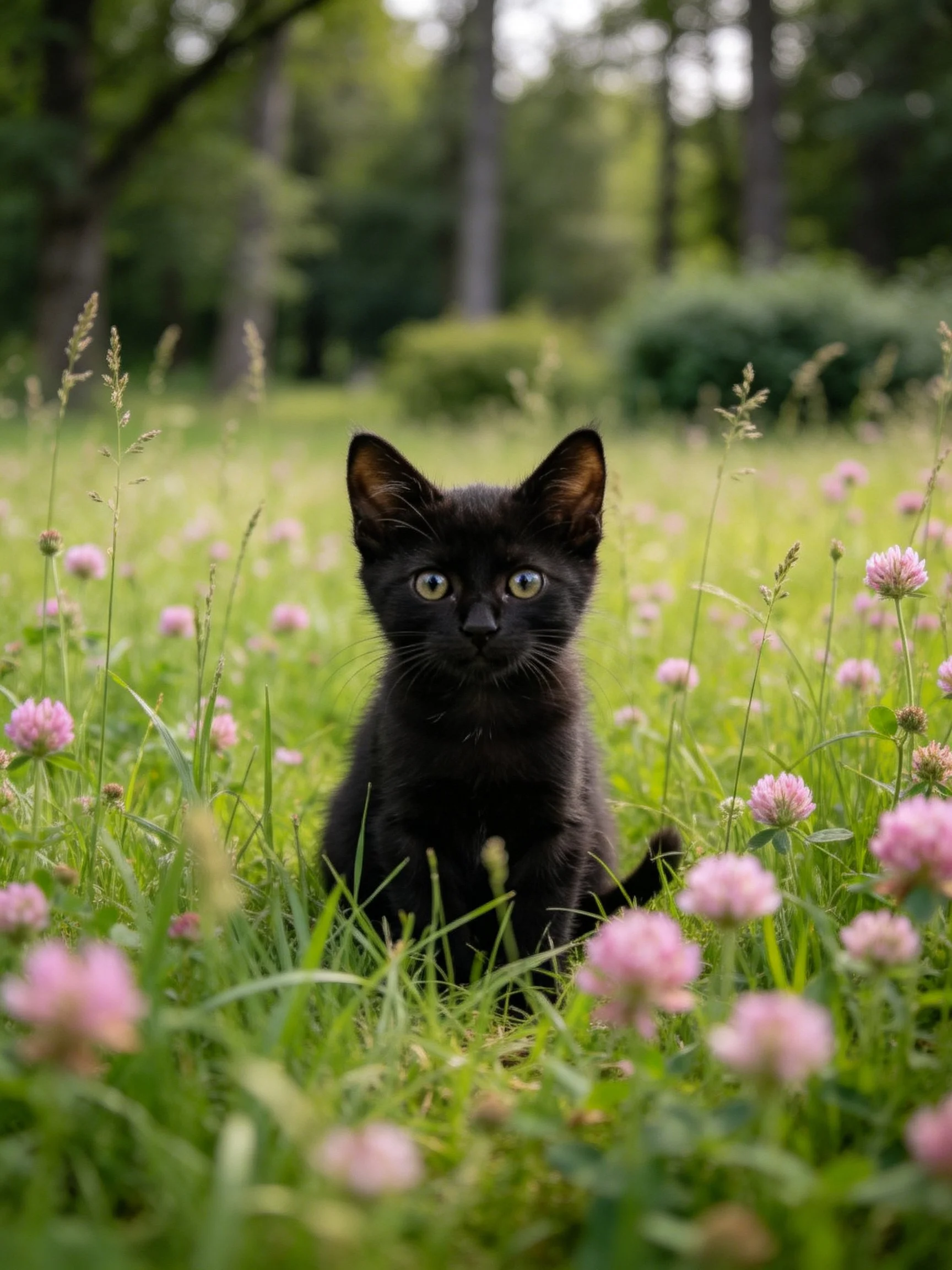 A small black kitten in a sun-dappled meadow with pink clover