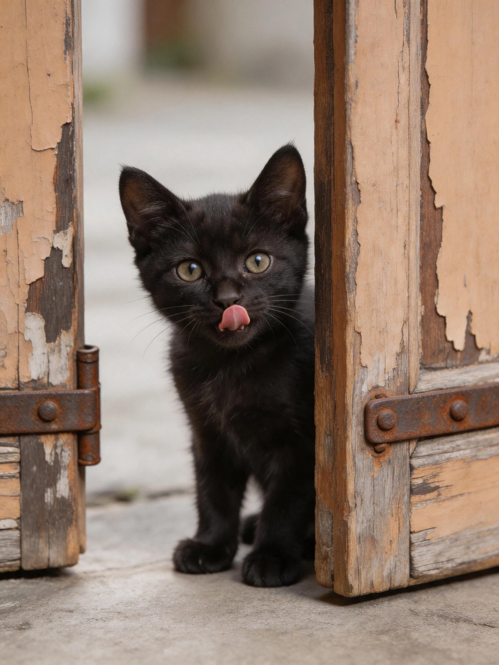 A small black kitten peeks from aged wooden doors.