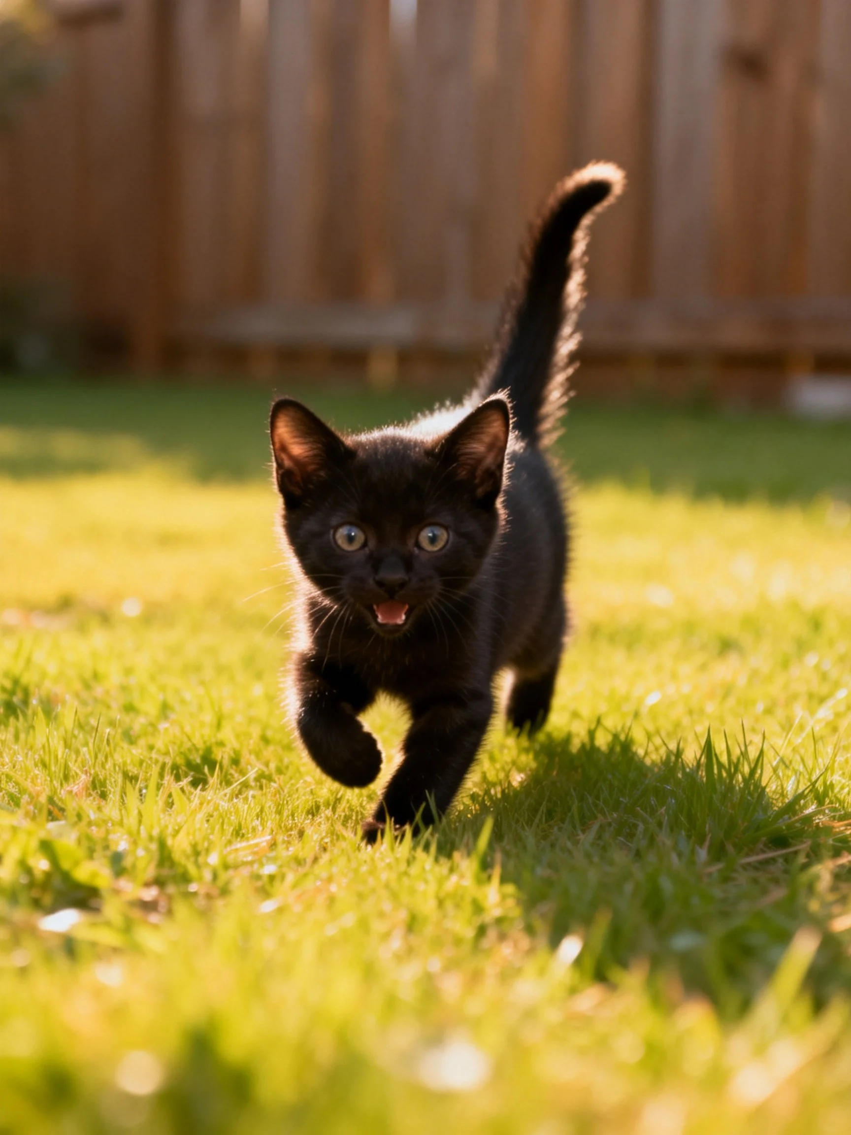 A small black kitten running on sunlit green grass