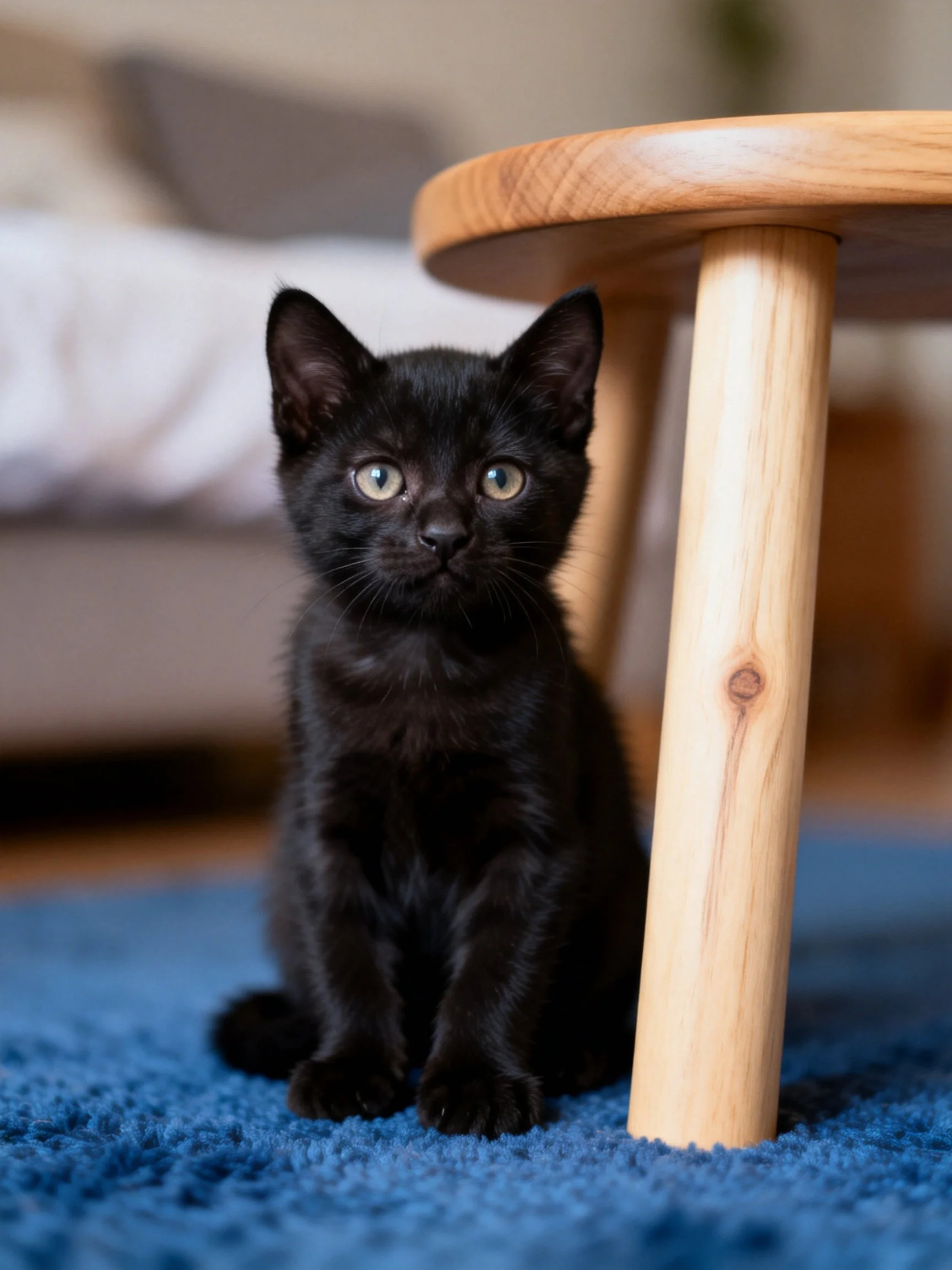 A small black kitten sits near a wooden stool on a blue carpet.