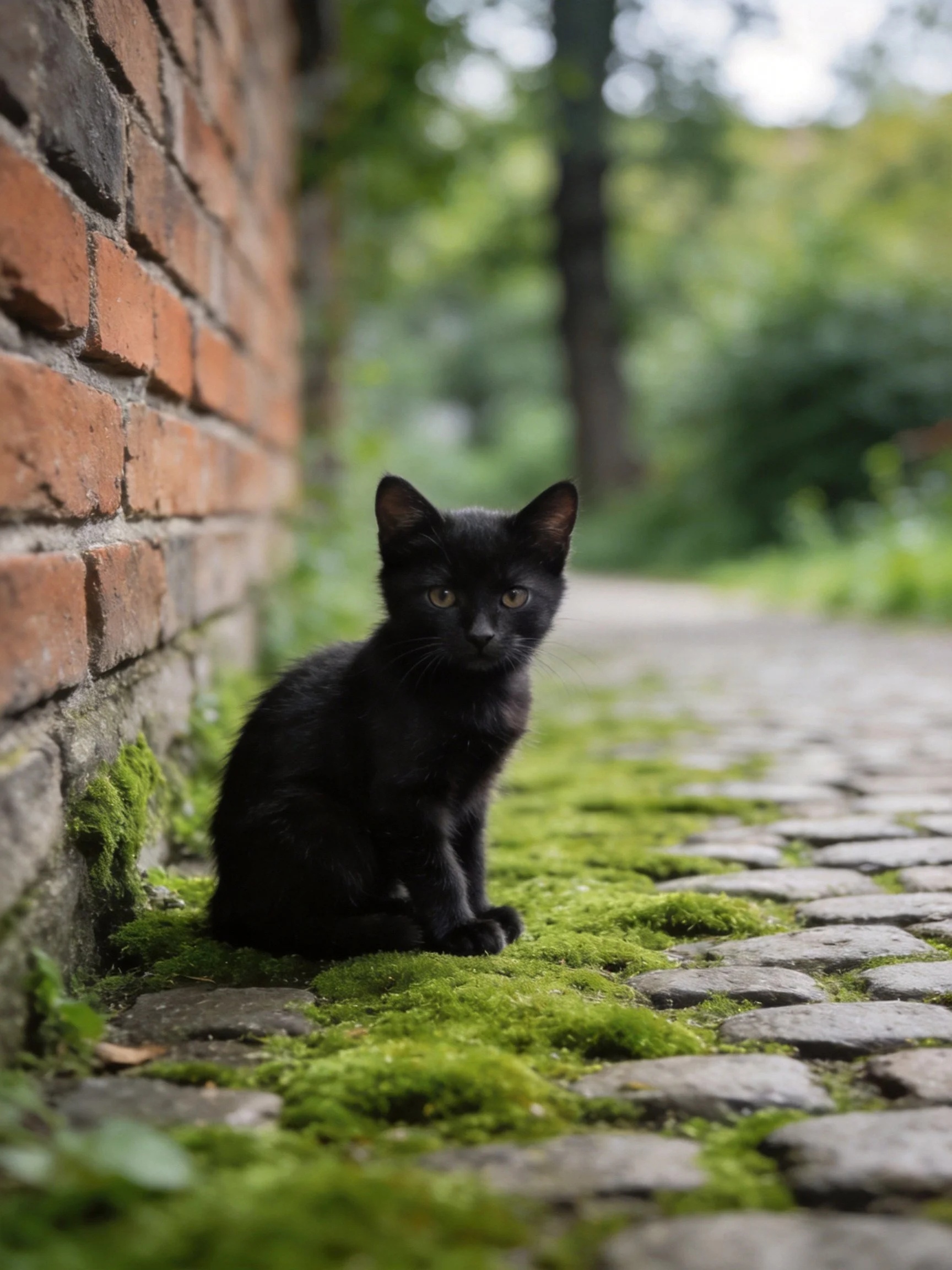 A small black kitten sits by a mossy cobblestone path near a brick wall