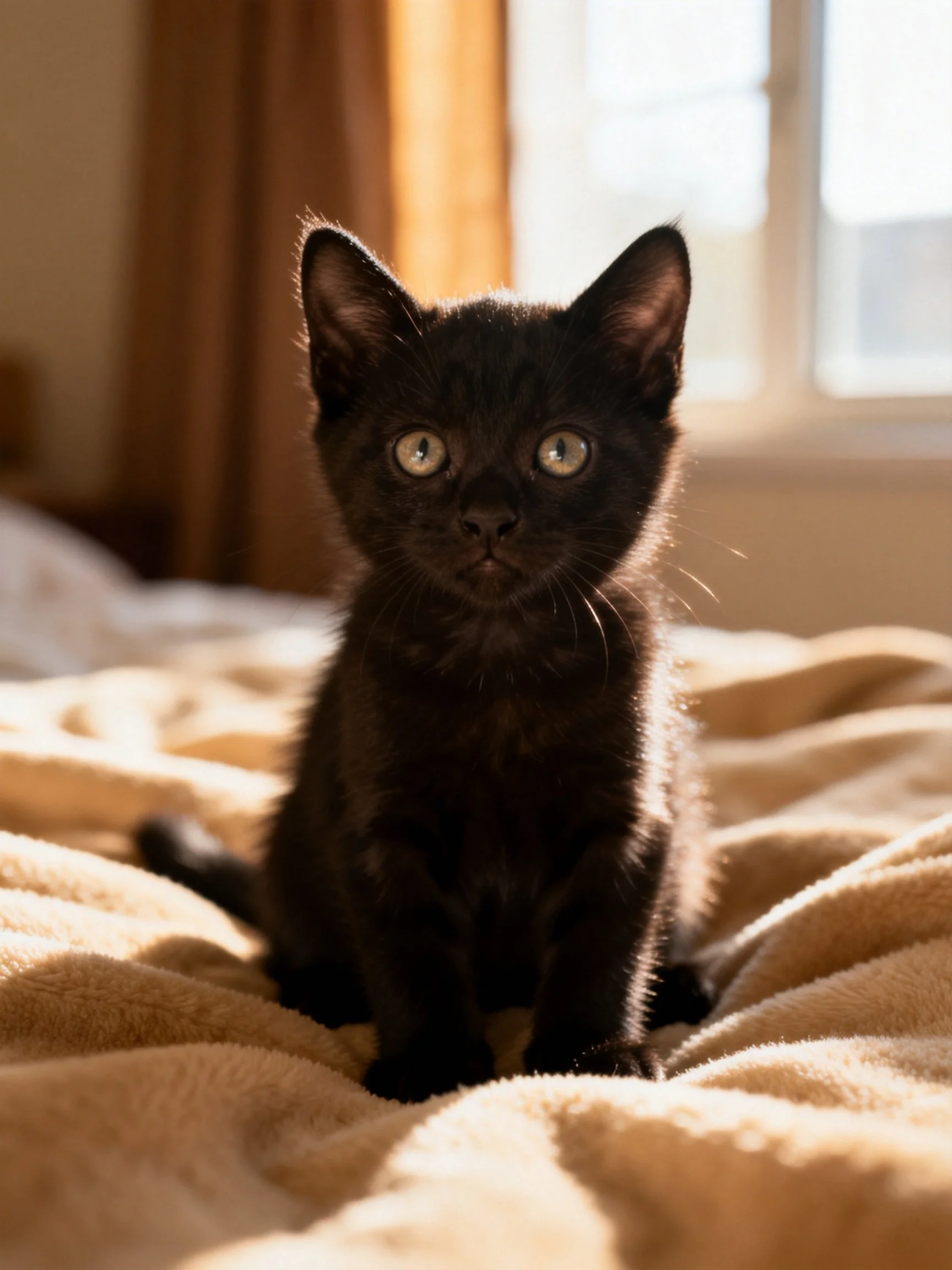 A small black kitten sits calmly on a beige blanket in a sunlit room