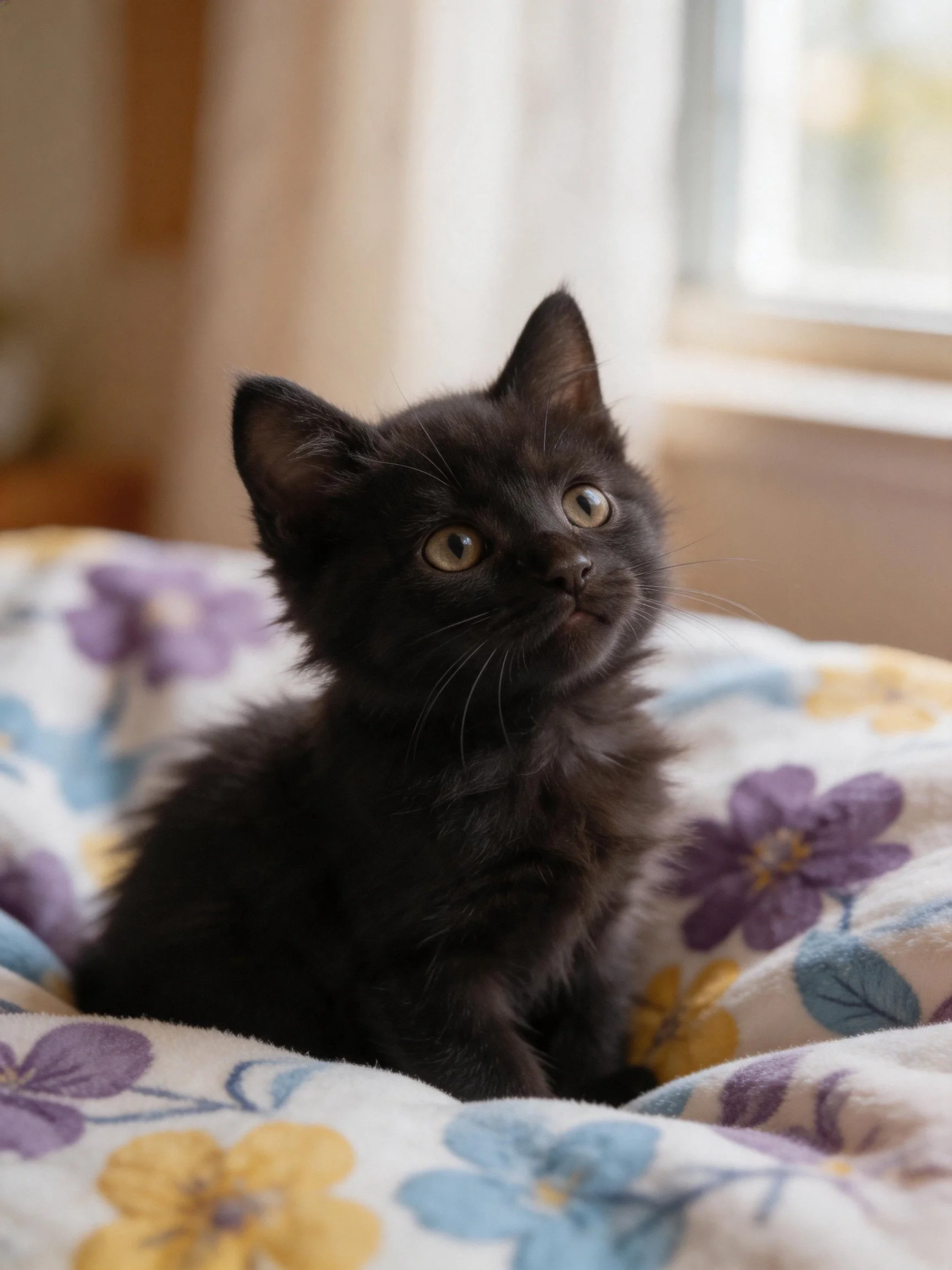 A small black kitten sits on a floral blanket indoors.