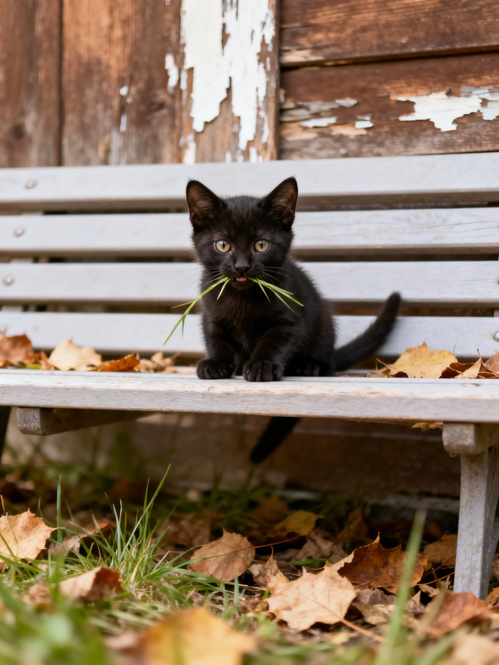 A small black kitten sits on a gray bench with grass in mouth