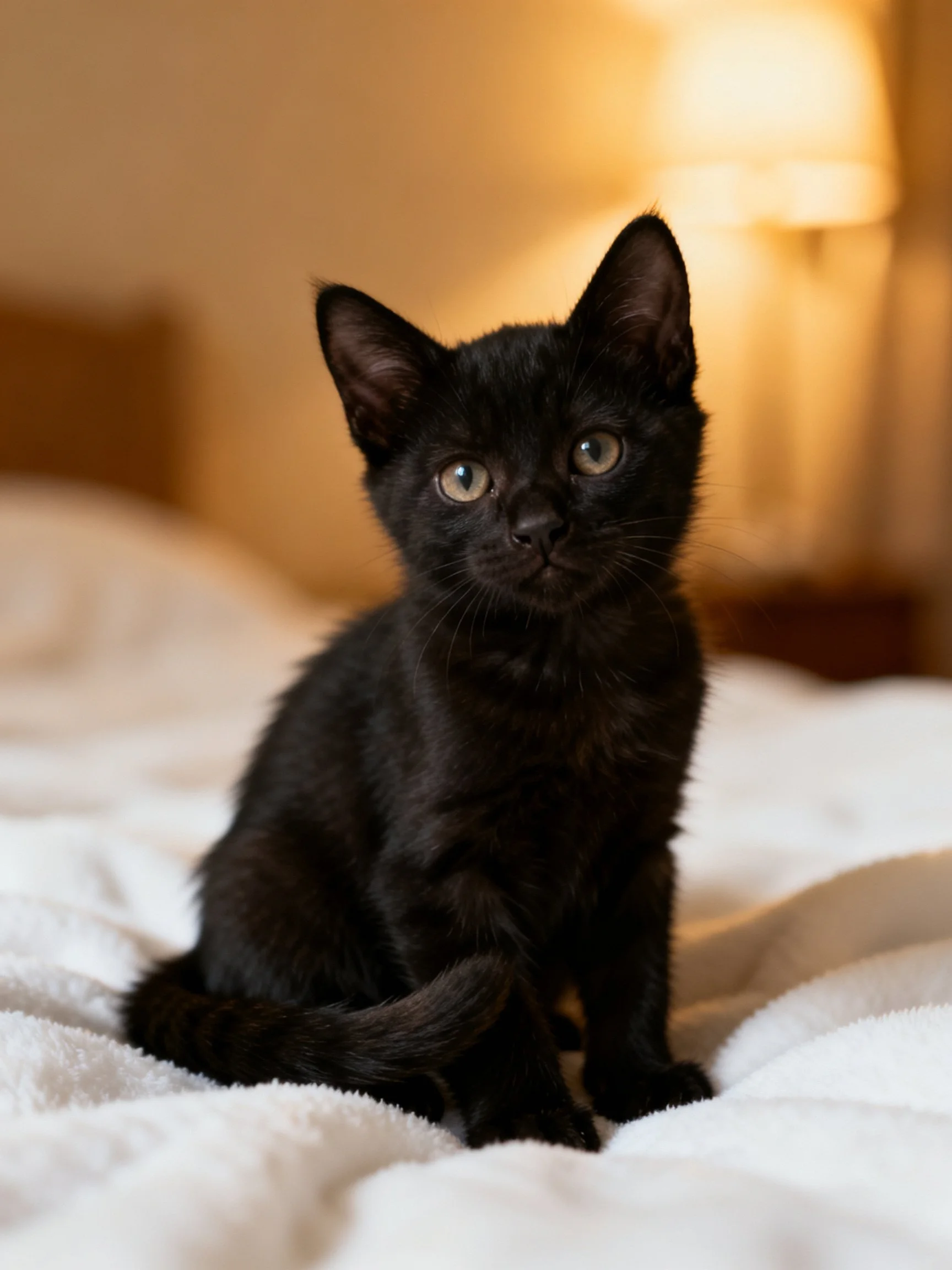 A small black kitten sits calmly on a white bed in a warmly lit room.