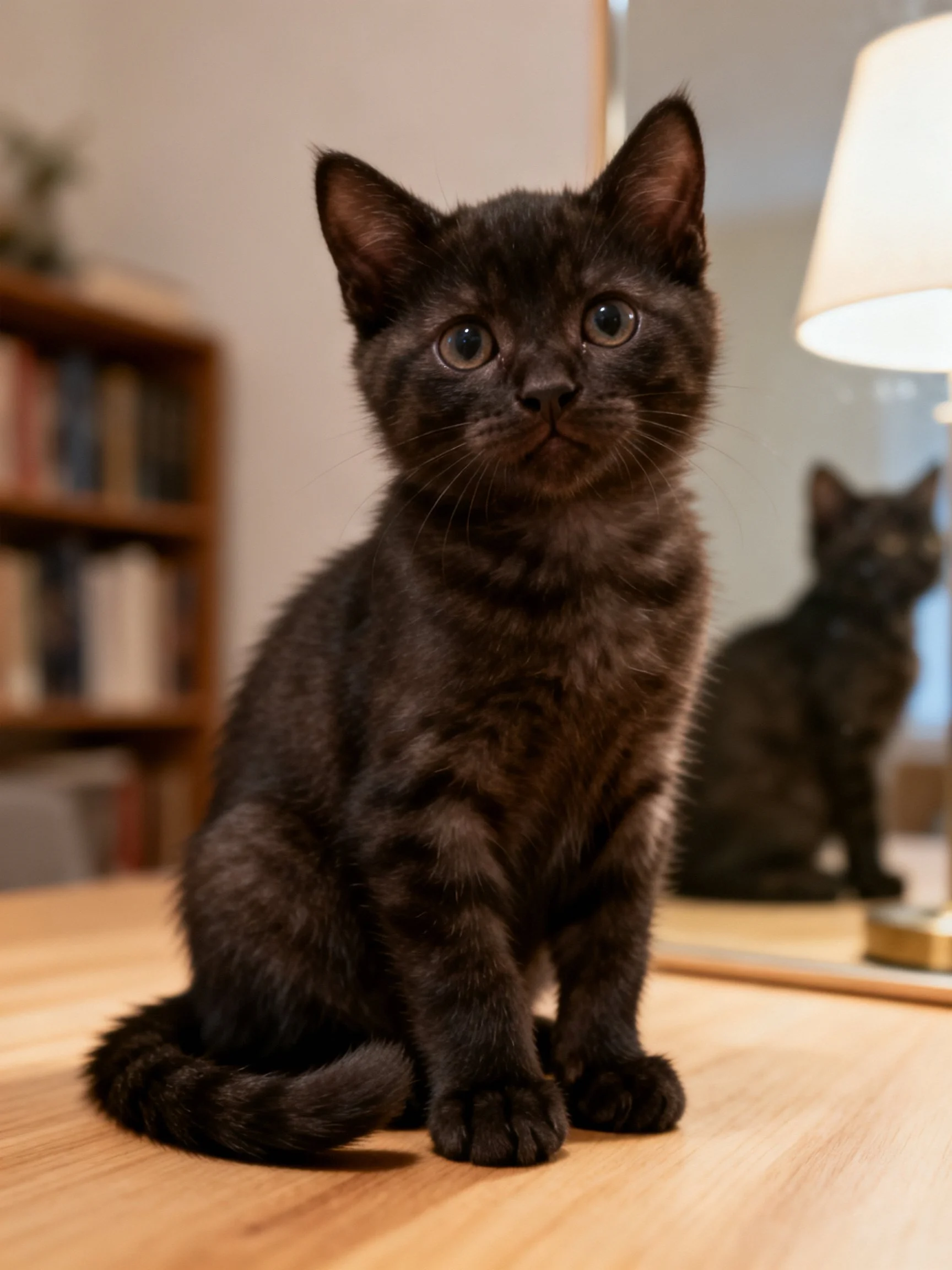 A small black kitten sits on a wooden table with a mirror reflection