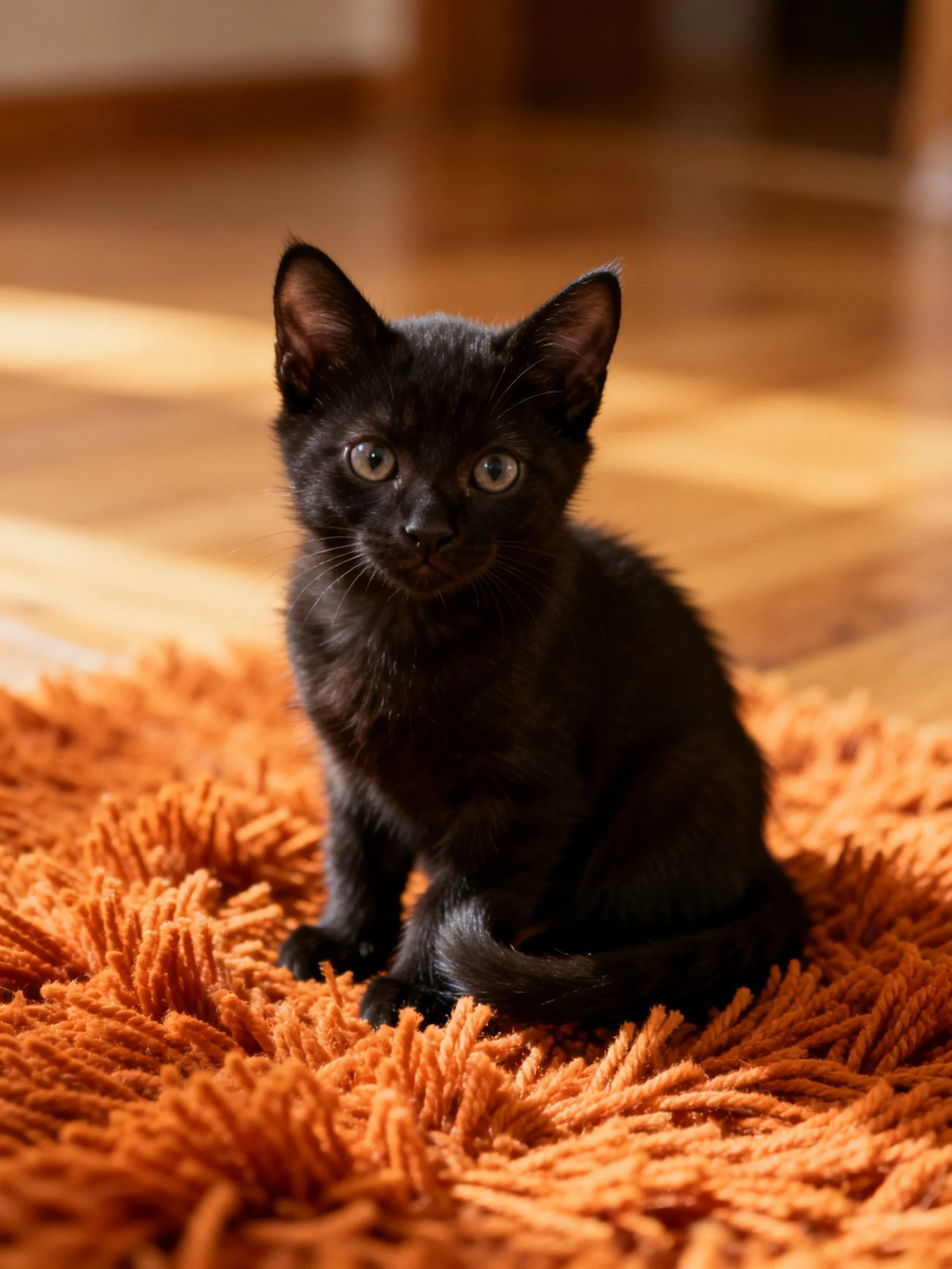A small black kitten sits on an orange shaggy rug near wooden floors