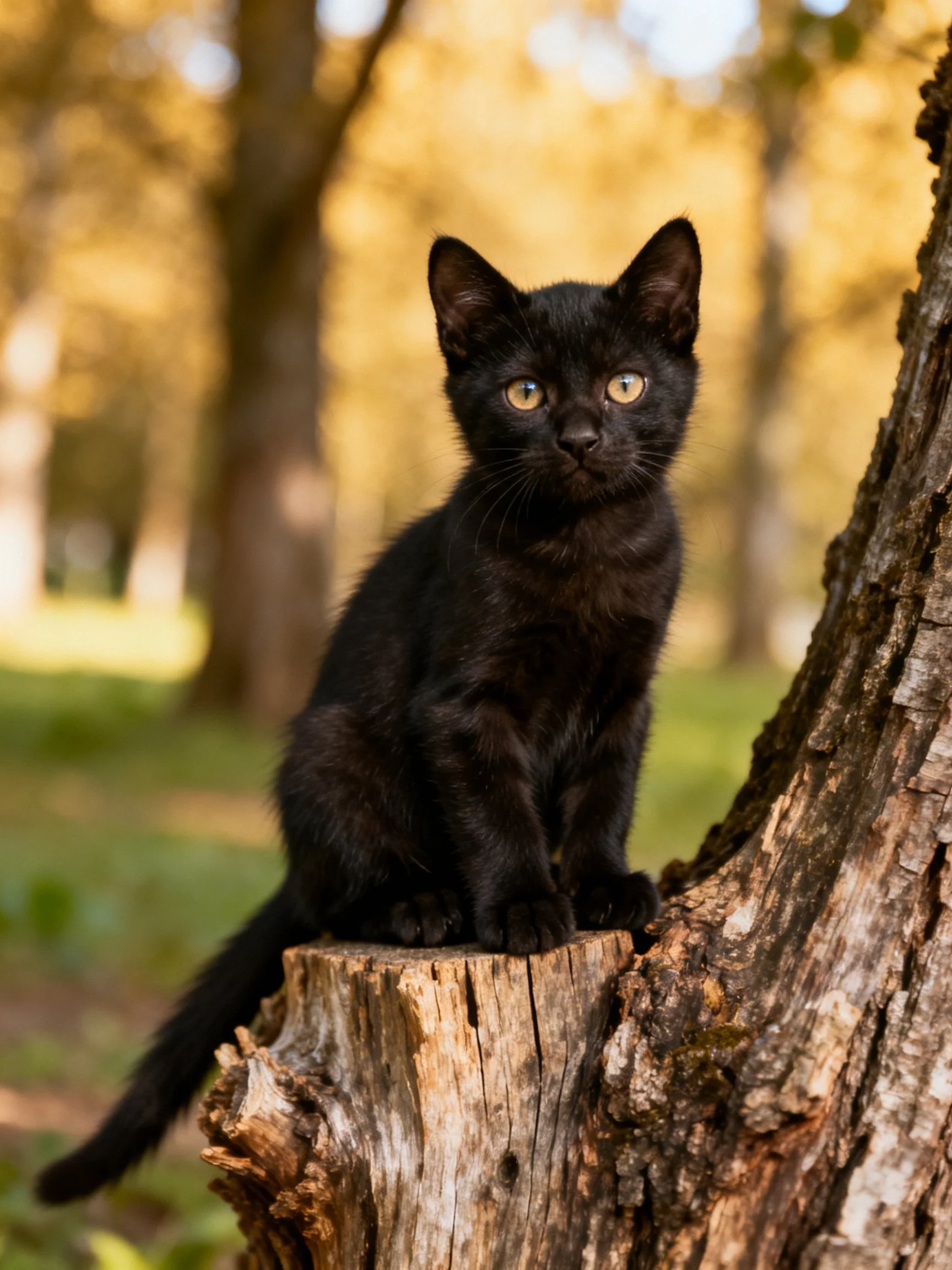 A small black kitten sitting on a weathered tree stump