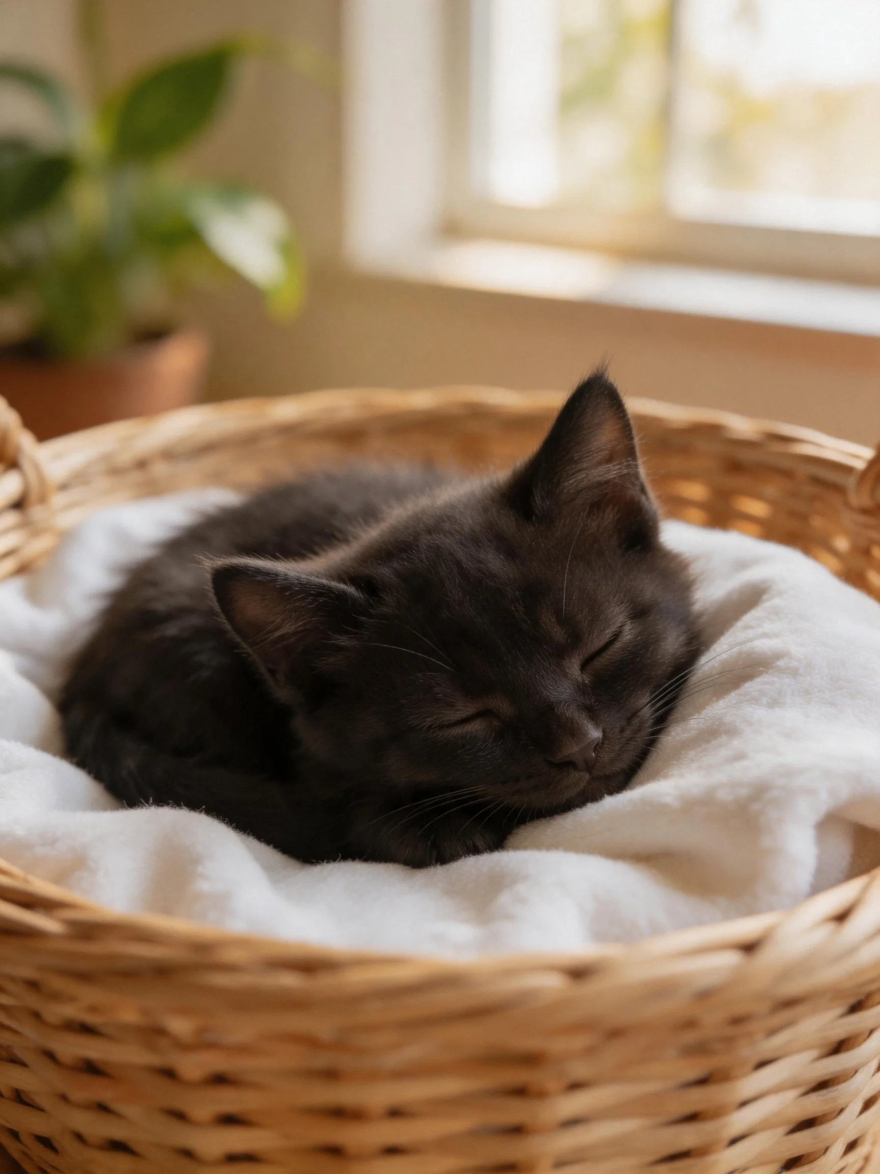A small black kitten sleeps in a wicker basket with white fabric