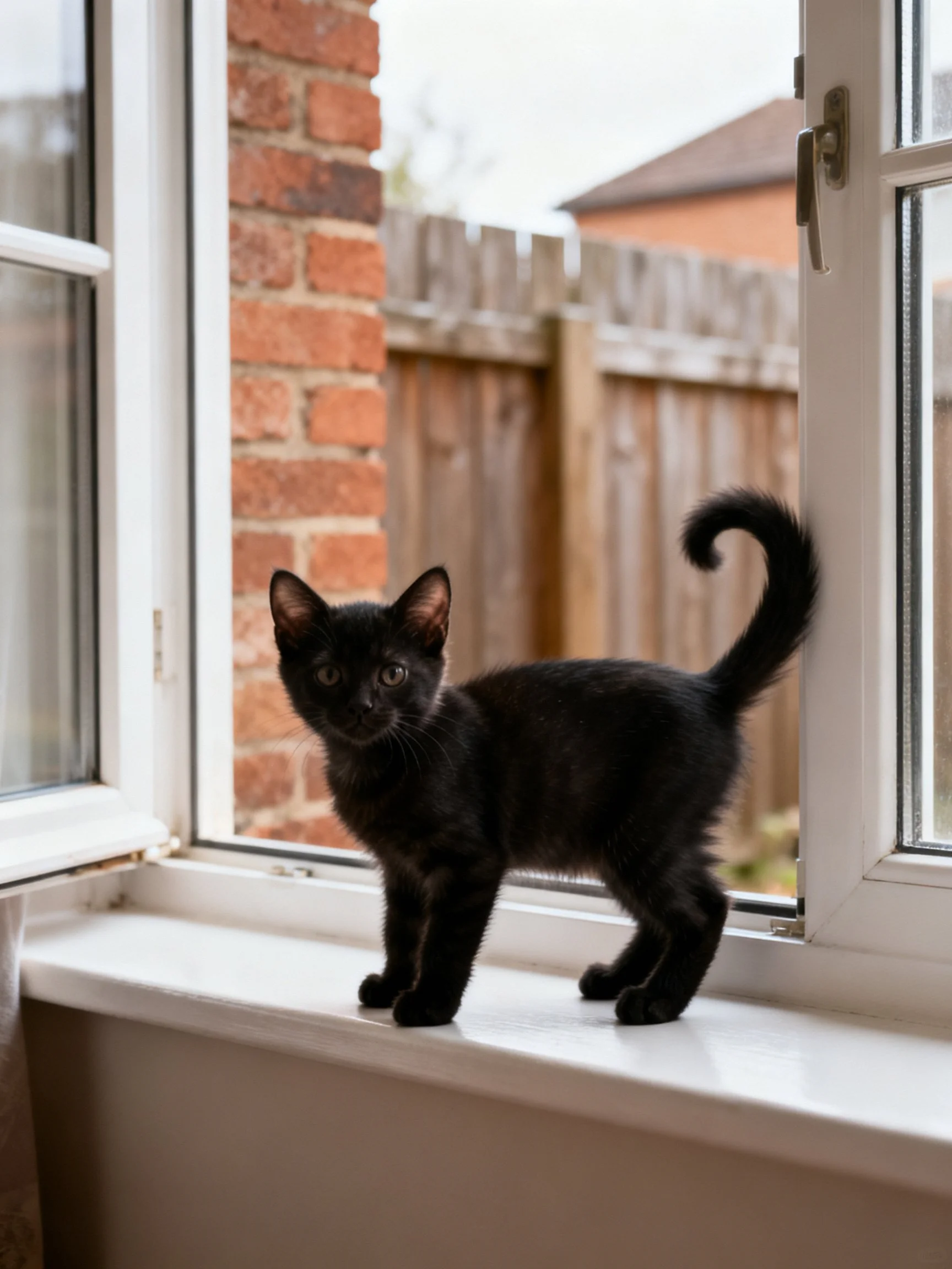 A black kitten stands attentively on a white windowsill near a brick wall.