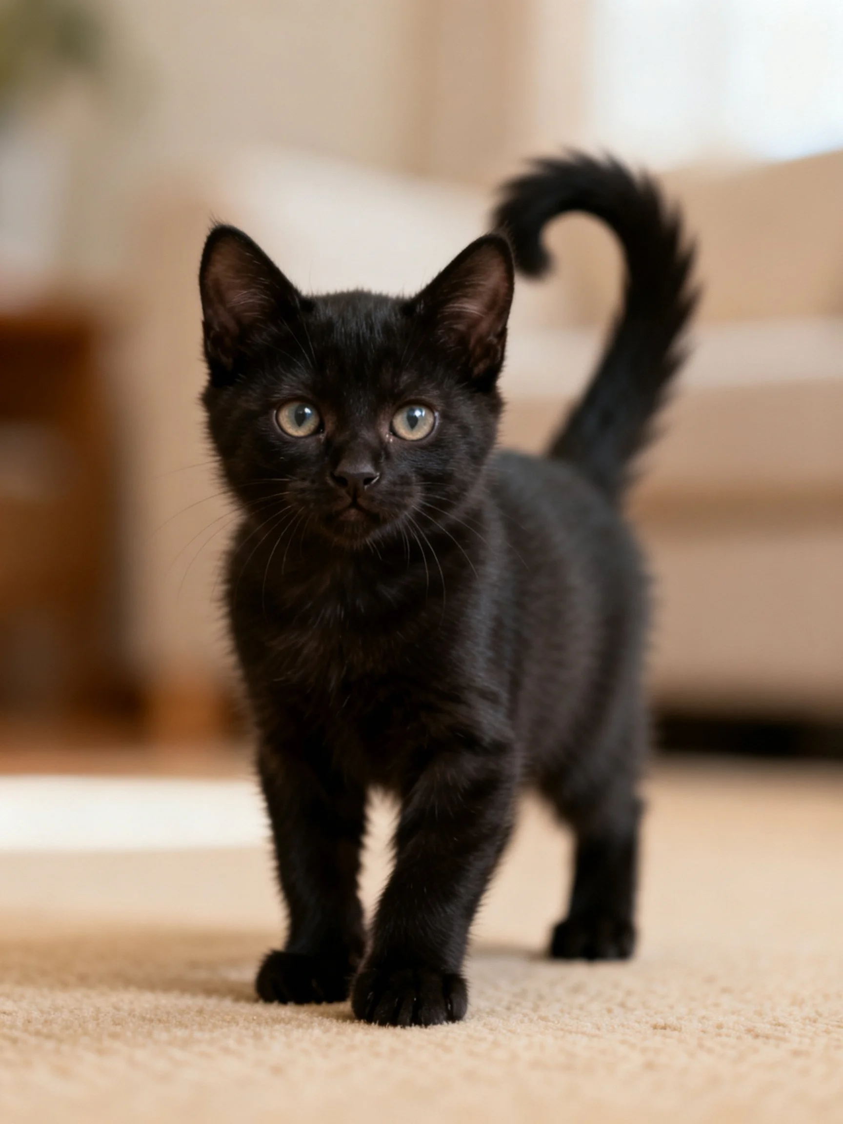 A small black kitten walking on a beige carpet indoors