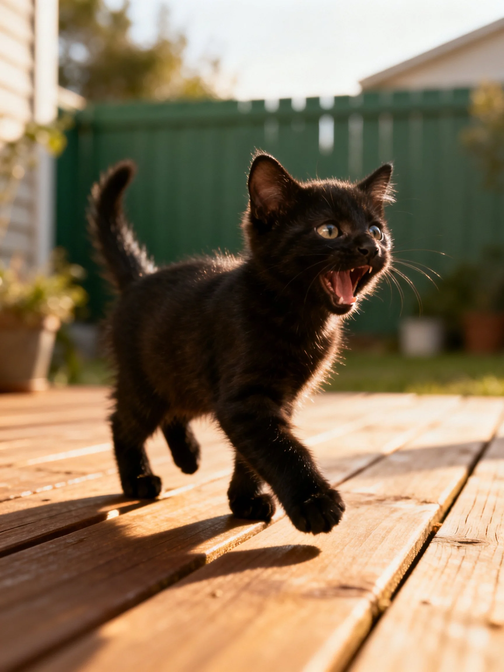 A small black kitten walking on a wooden deck in a sunny yard