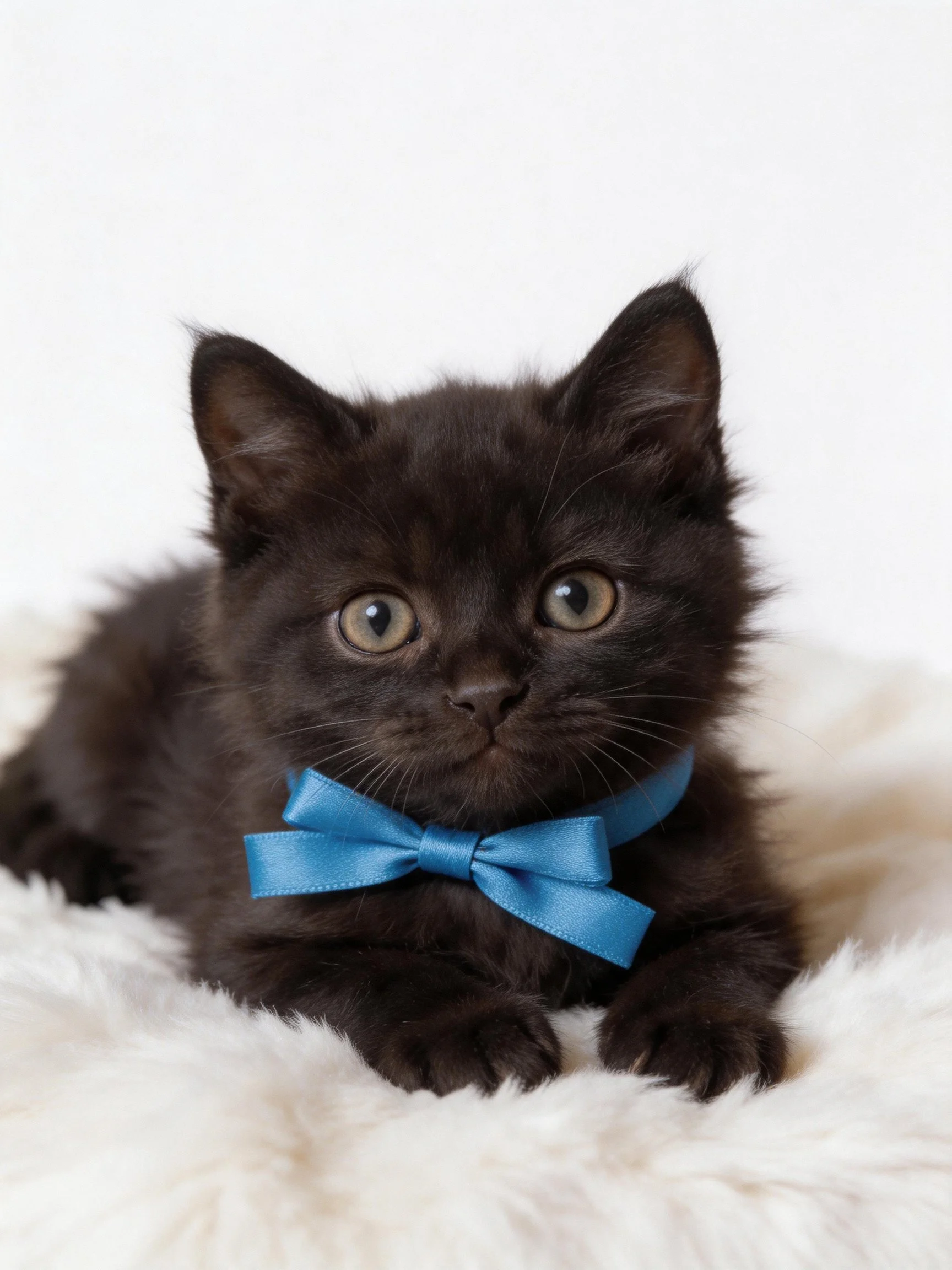 A small black kitten wearing a bright blue bow tie on white fur