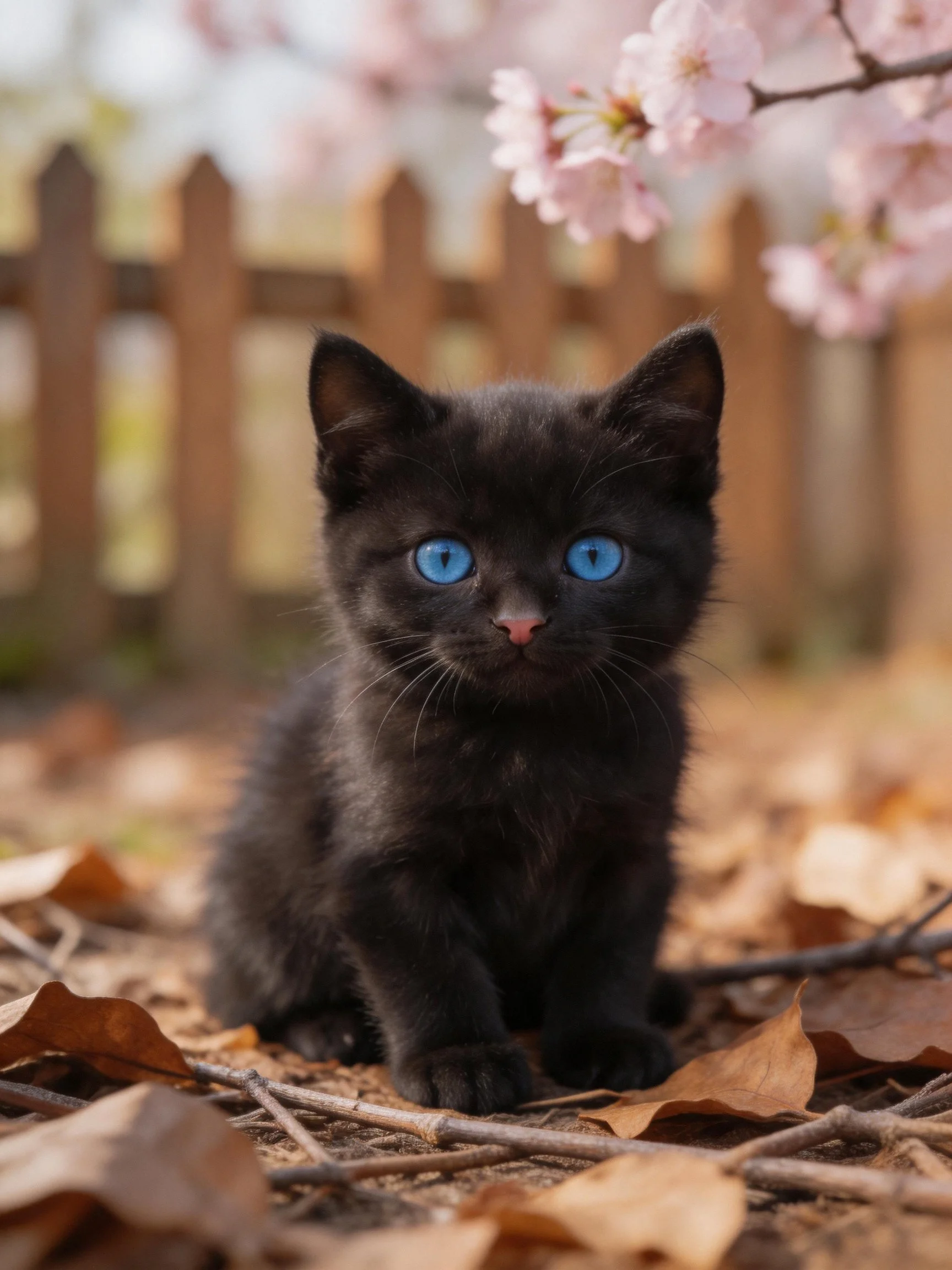 A small black kitten with blue eyes sits near cherry blossoms