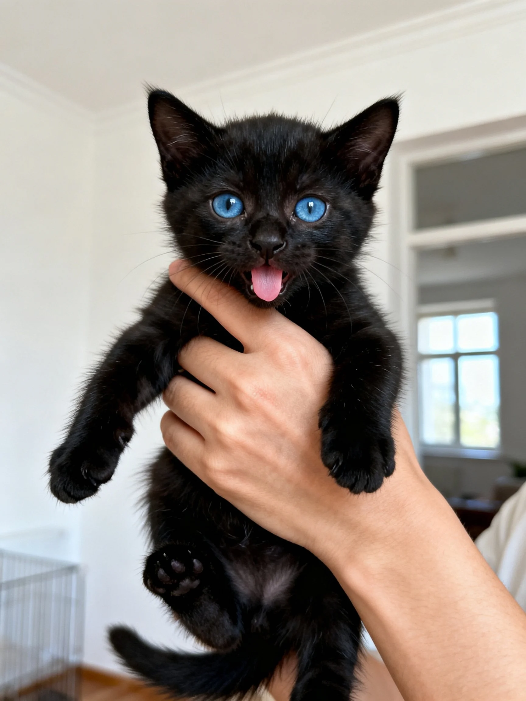 A small black kitten with bright blue eyes being held