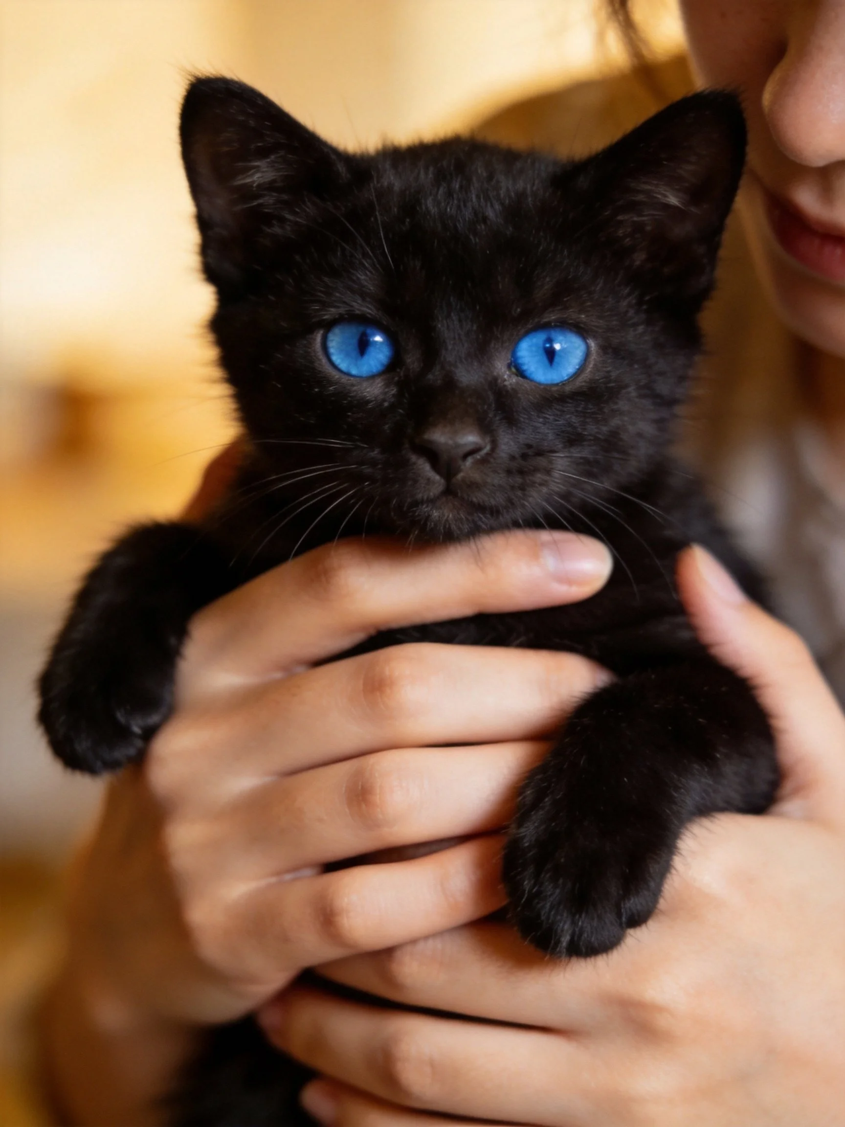 A small black kitten with bright blue eyes in someone’s hands