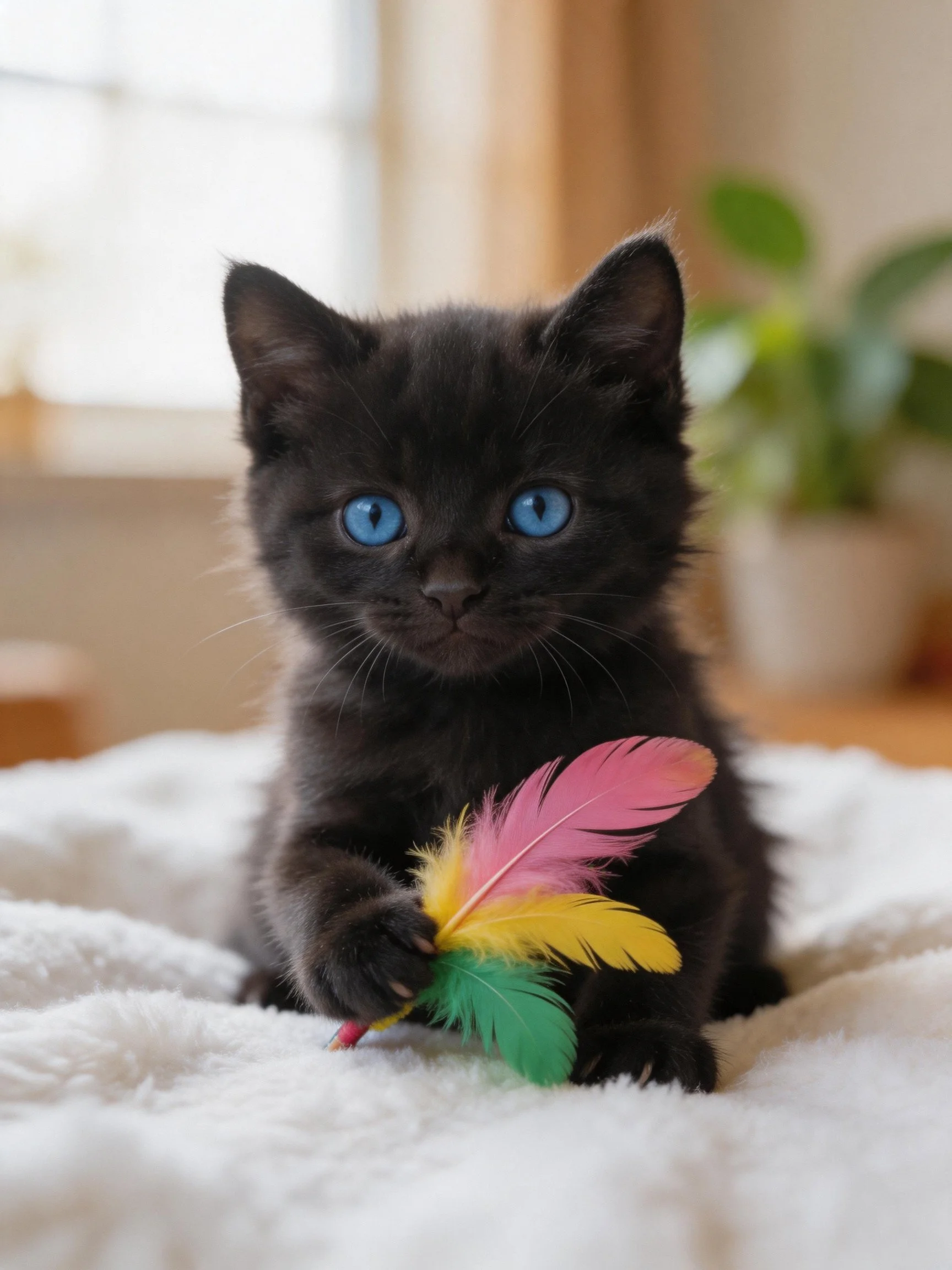 A small black kitten with bright blue eyes plays with colorful feathers