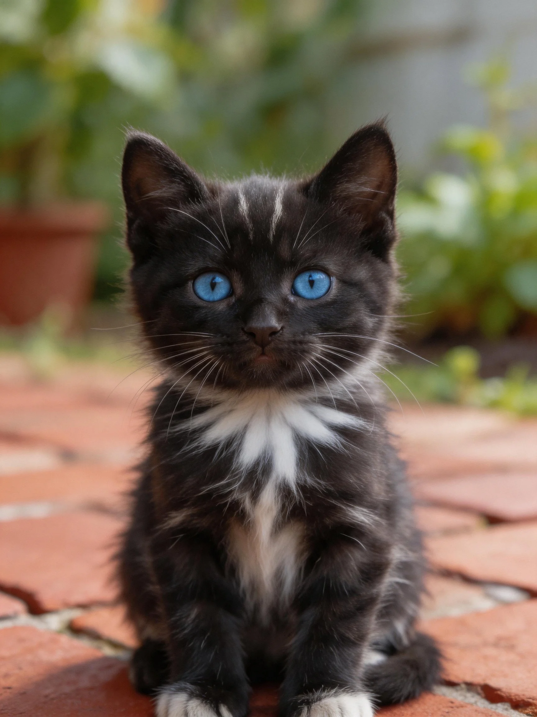 A small black kitten with bright blue eyes sits on red bricks