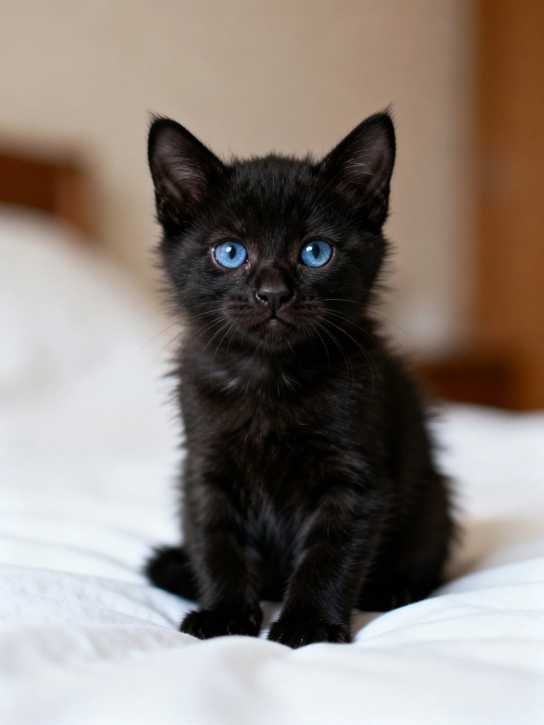 A small black kitten with bright blue eyes sits on white bedding