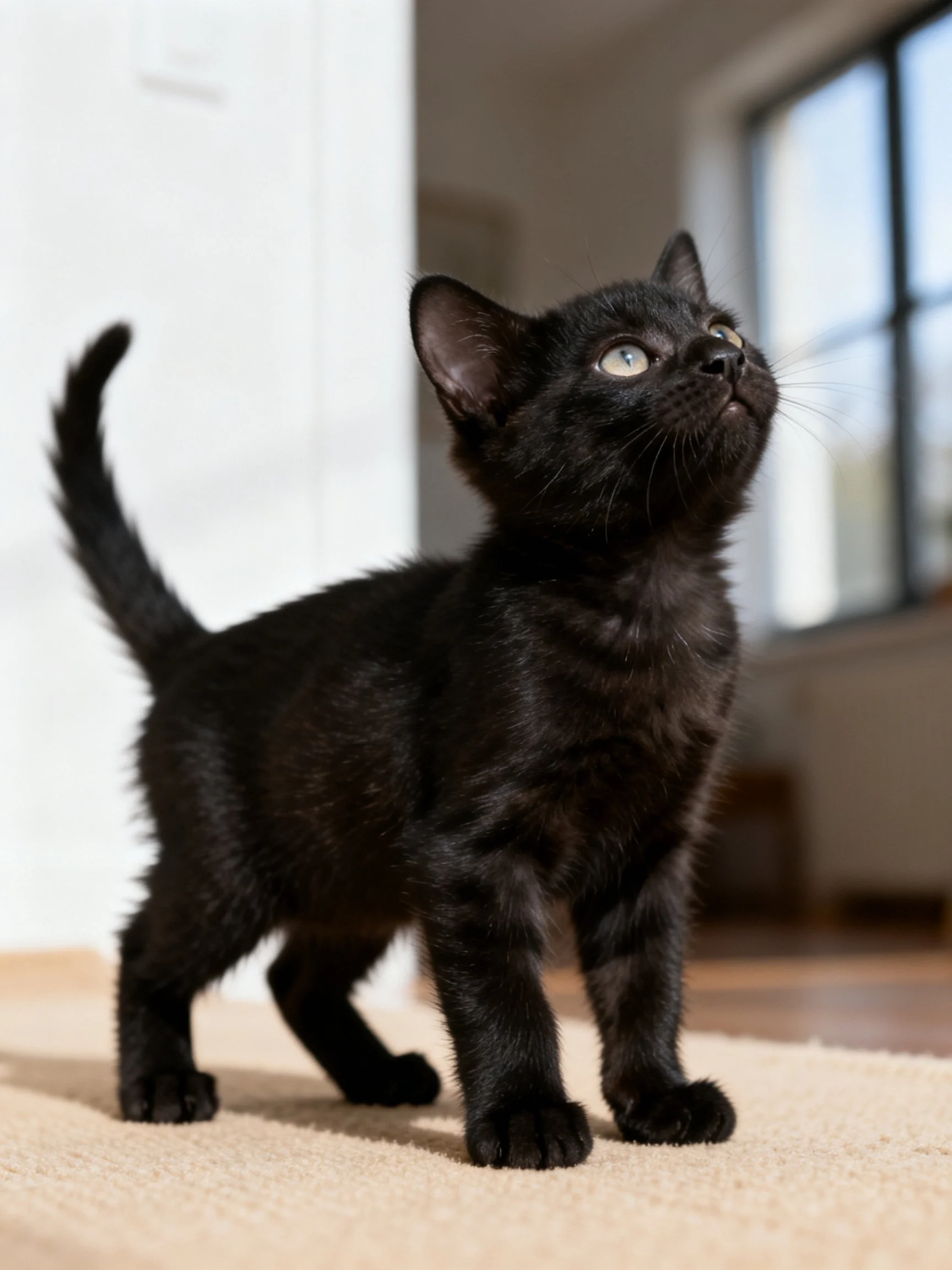 A small black kitten stands on a rug indoors, gazing upward.