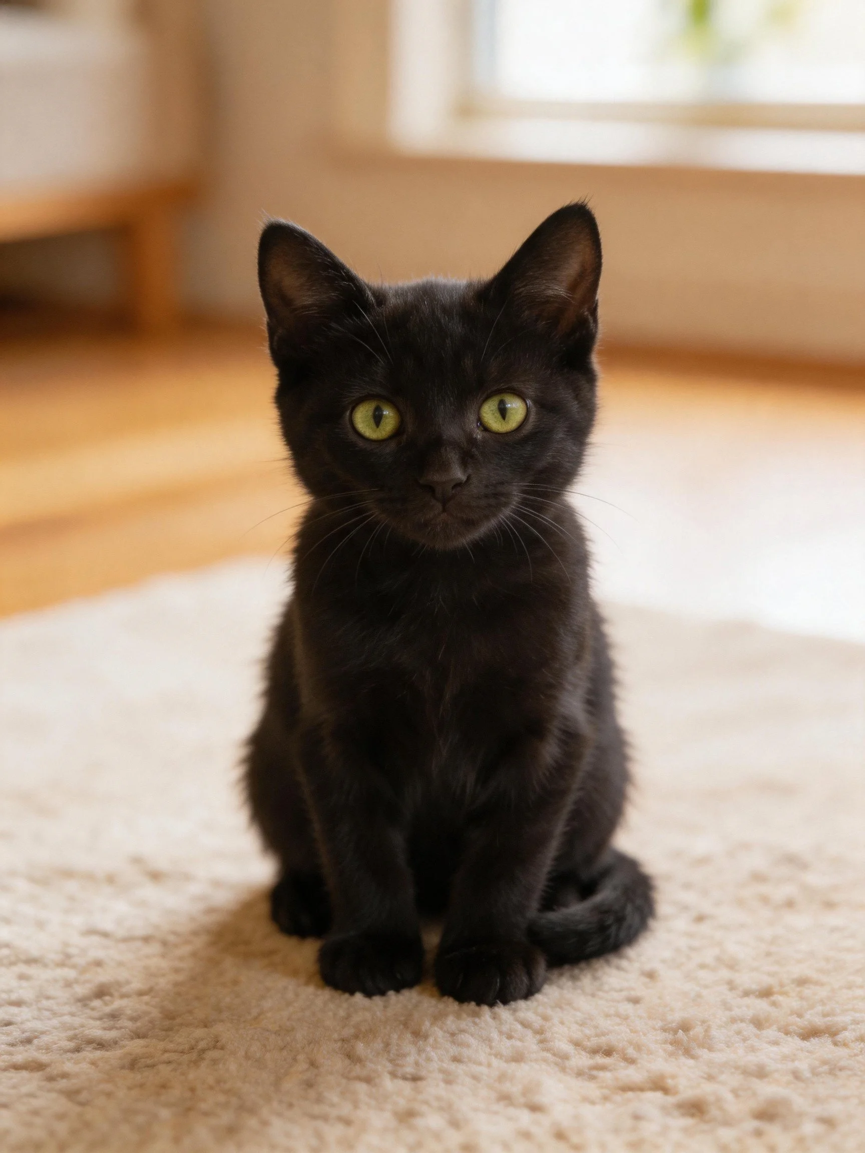 A small black kitten with bright green eyes sits on a beige rug