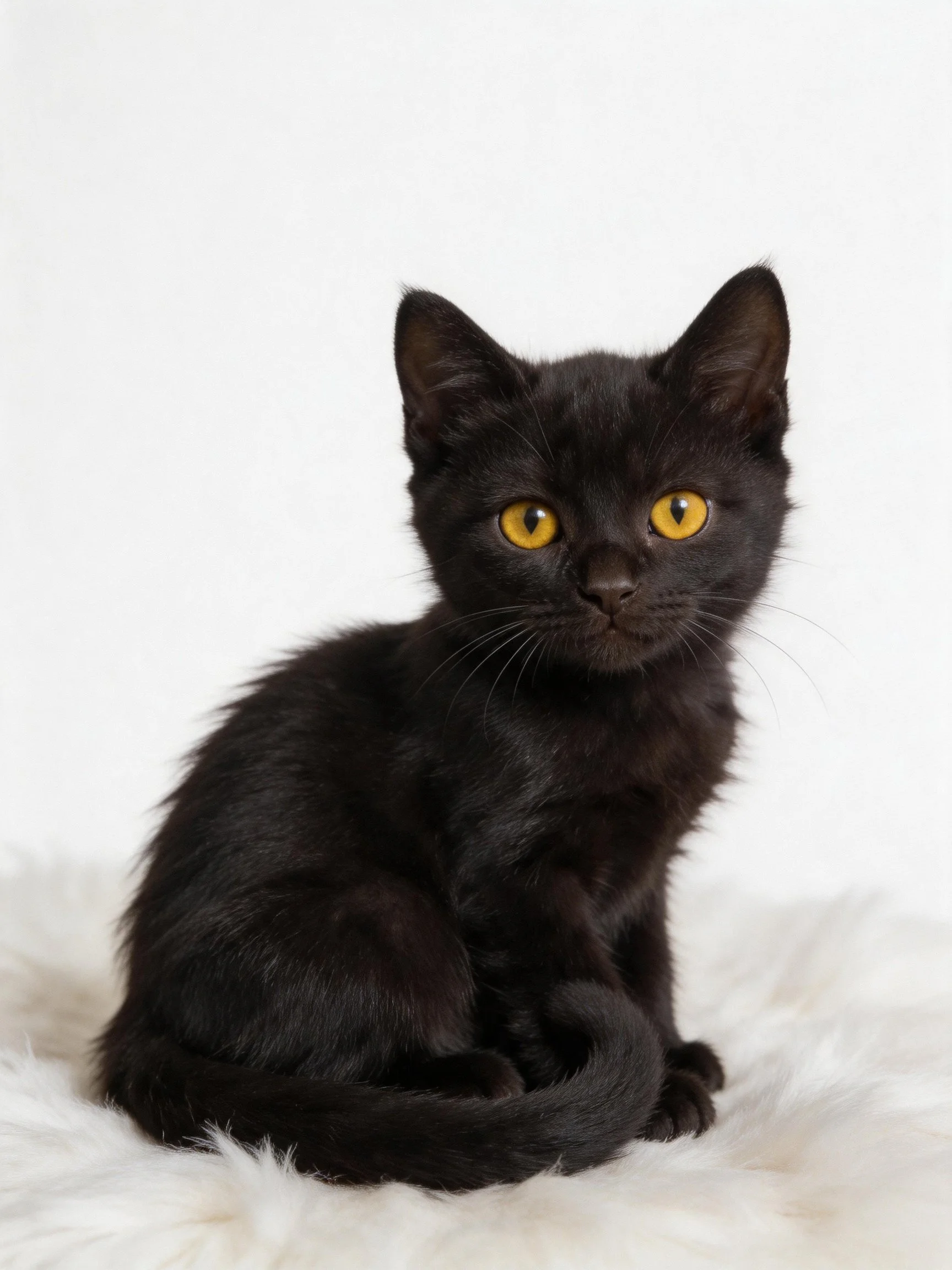 A small black kitten with bright yellow eyes sits on a white furry surface