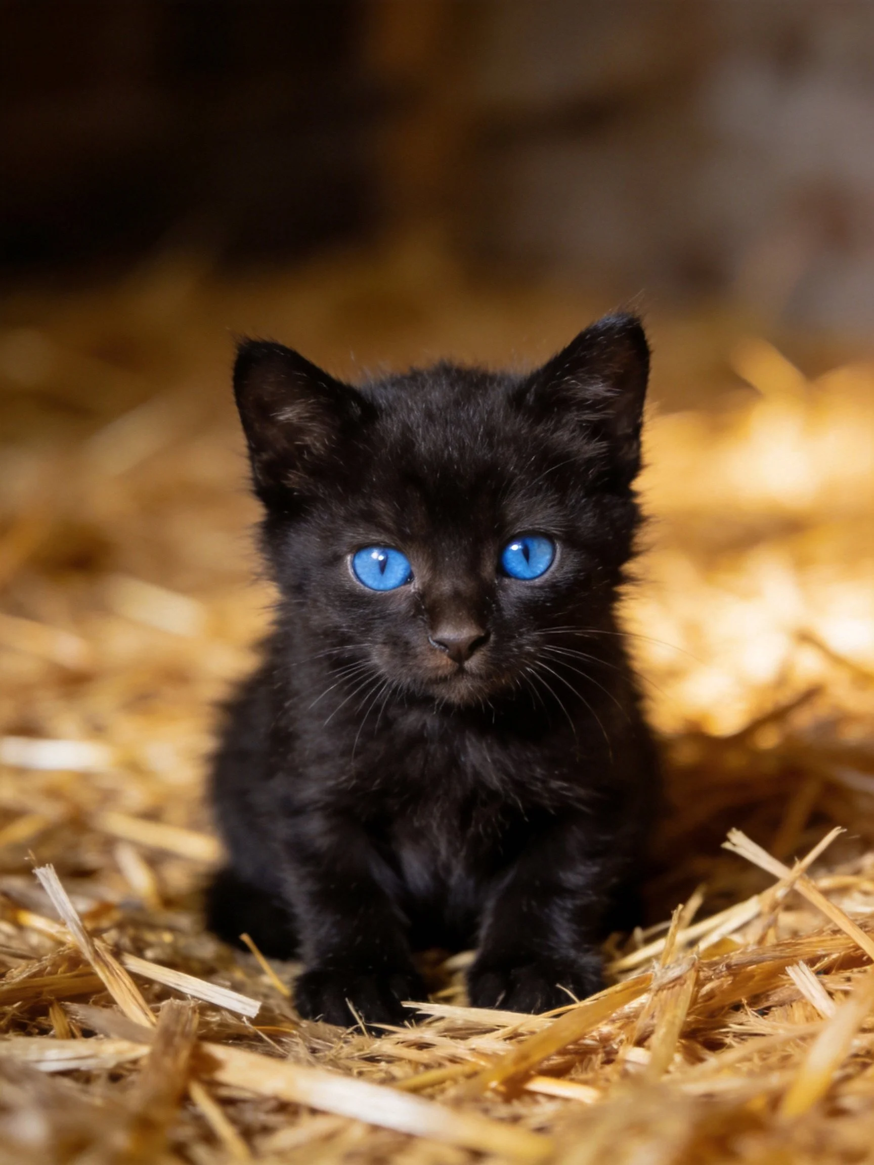 A small black kitten with striking blue eyes rests on straw.