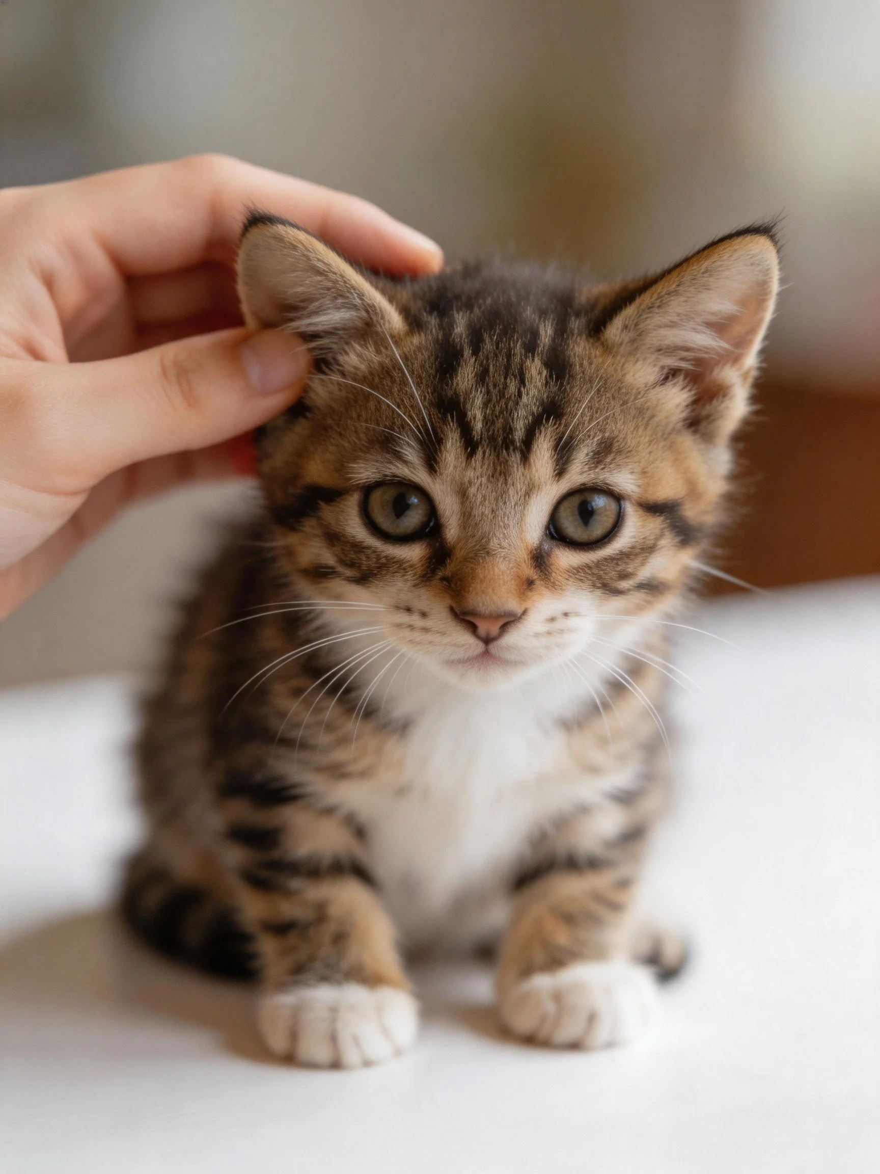 A small tabby kitten sits calmly as a hand pets its head.
