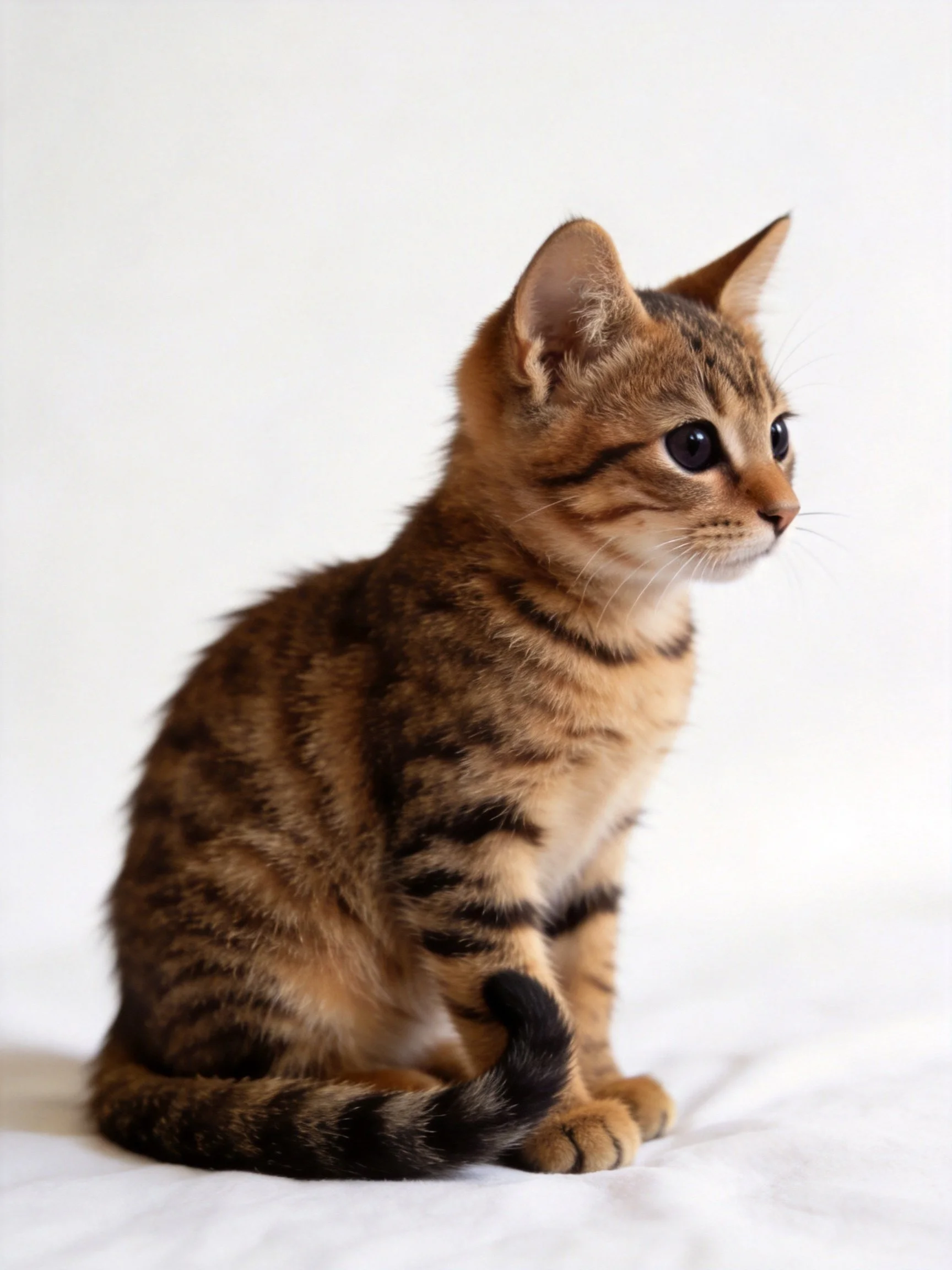 A small brown and black tabby kitten sits calmly on white fabric.