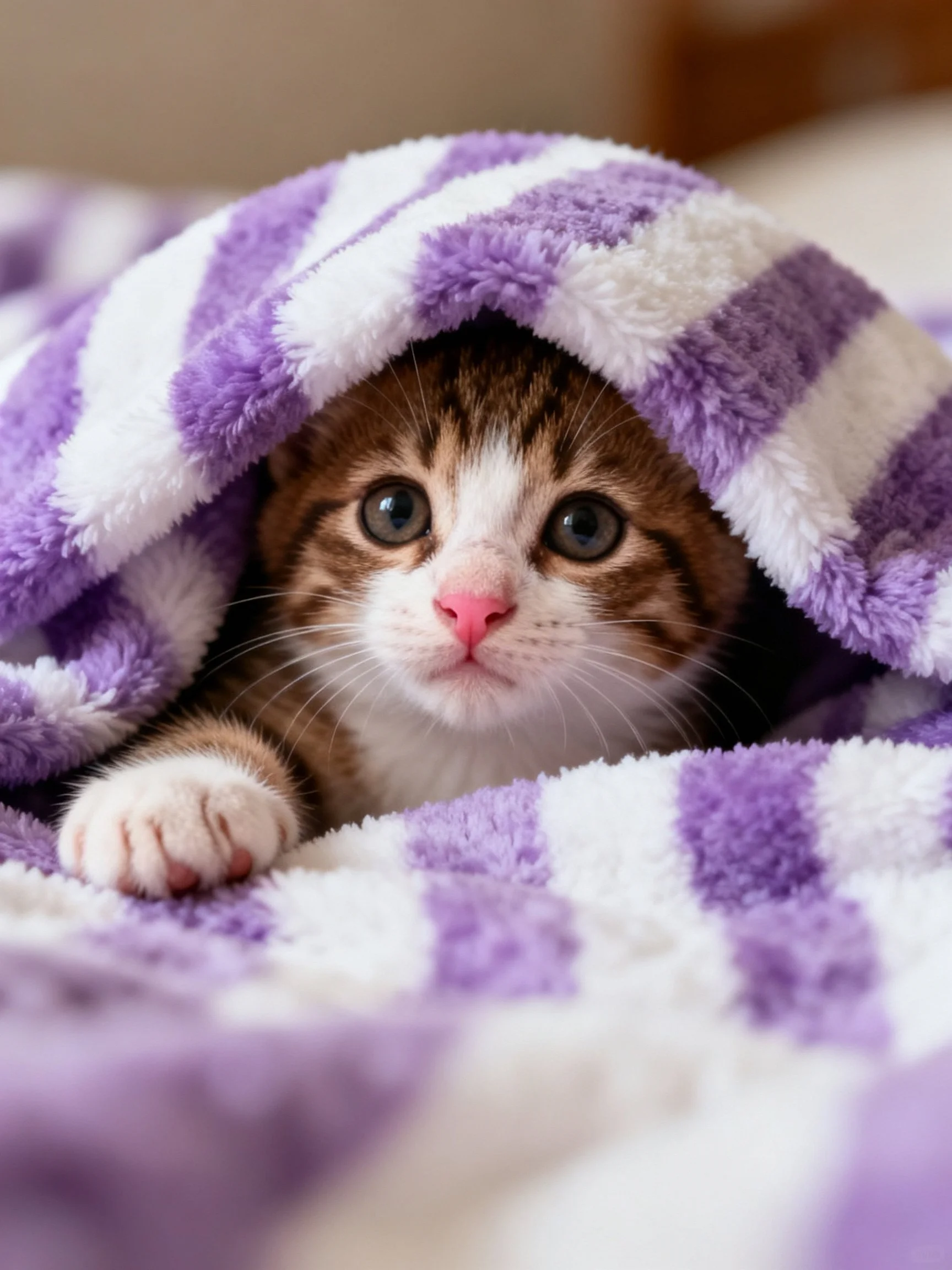 A small brown and white kitten peeks out from a purple and white striped towel.