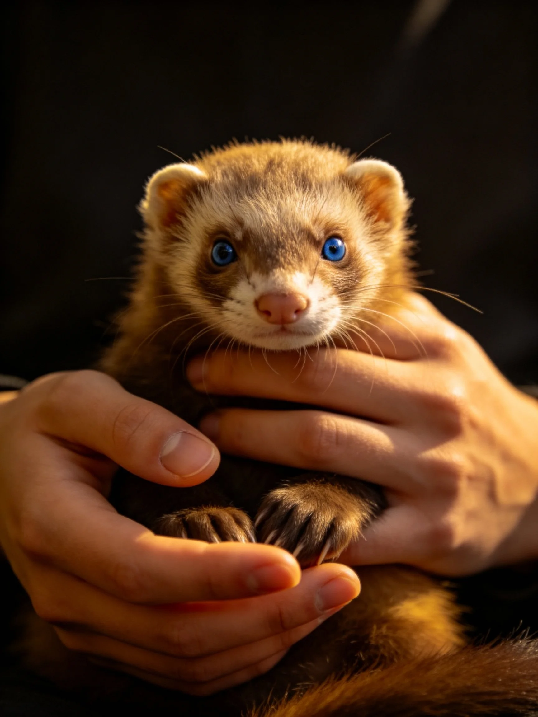 A small brown-furred mammal with bright blue eyes cradled by hands
