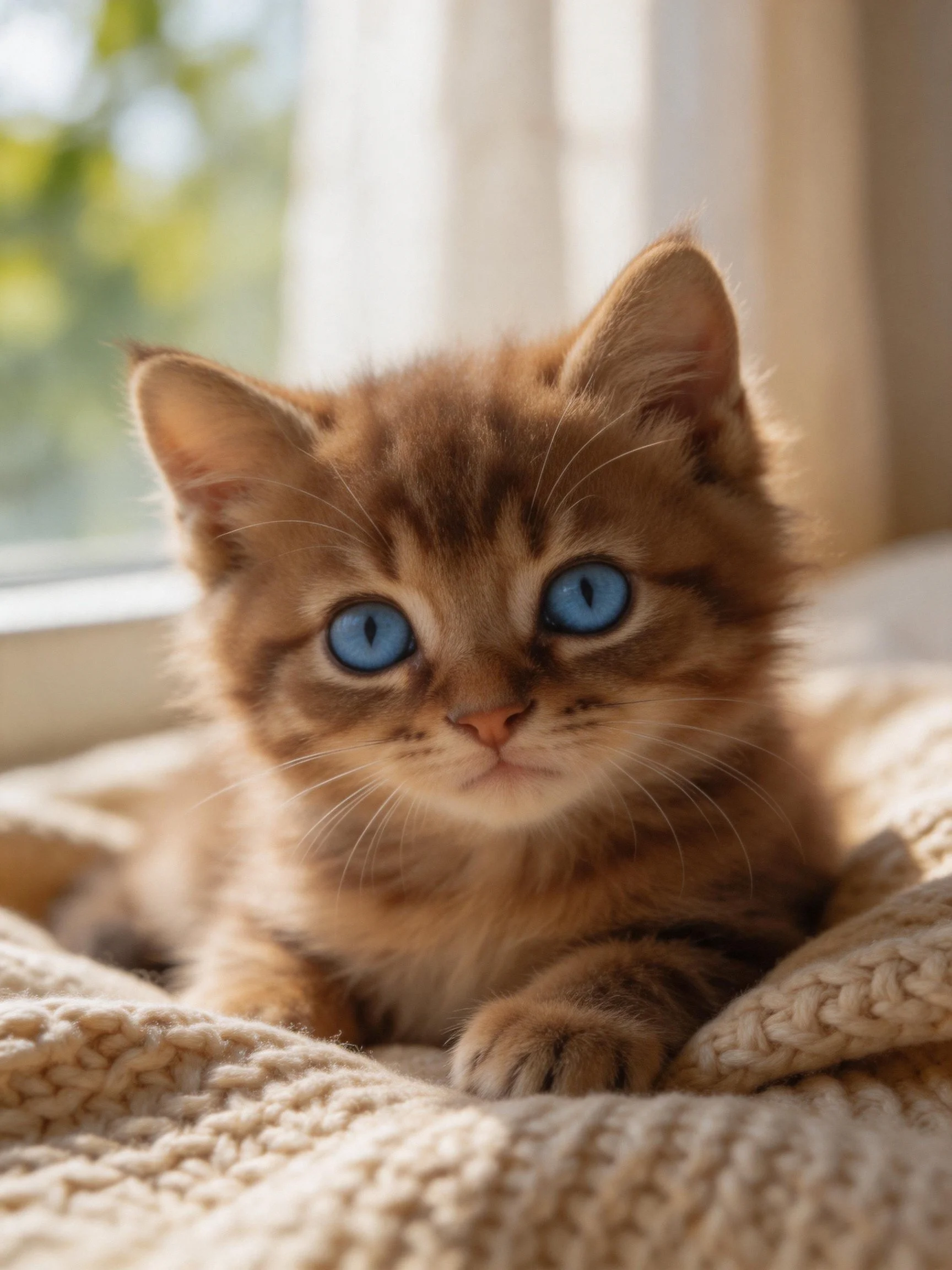 A small brown kitten with bright blue eyes sits on a cozy blanket near a sunlit window.