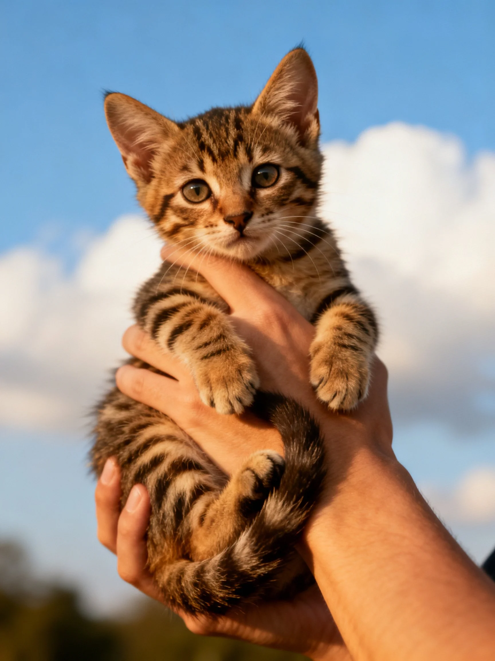A small brown tabby kitten held by hands under a blue sky