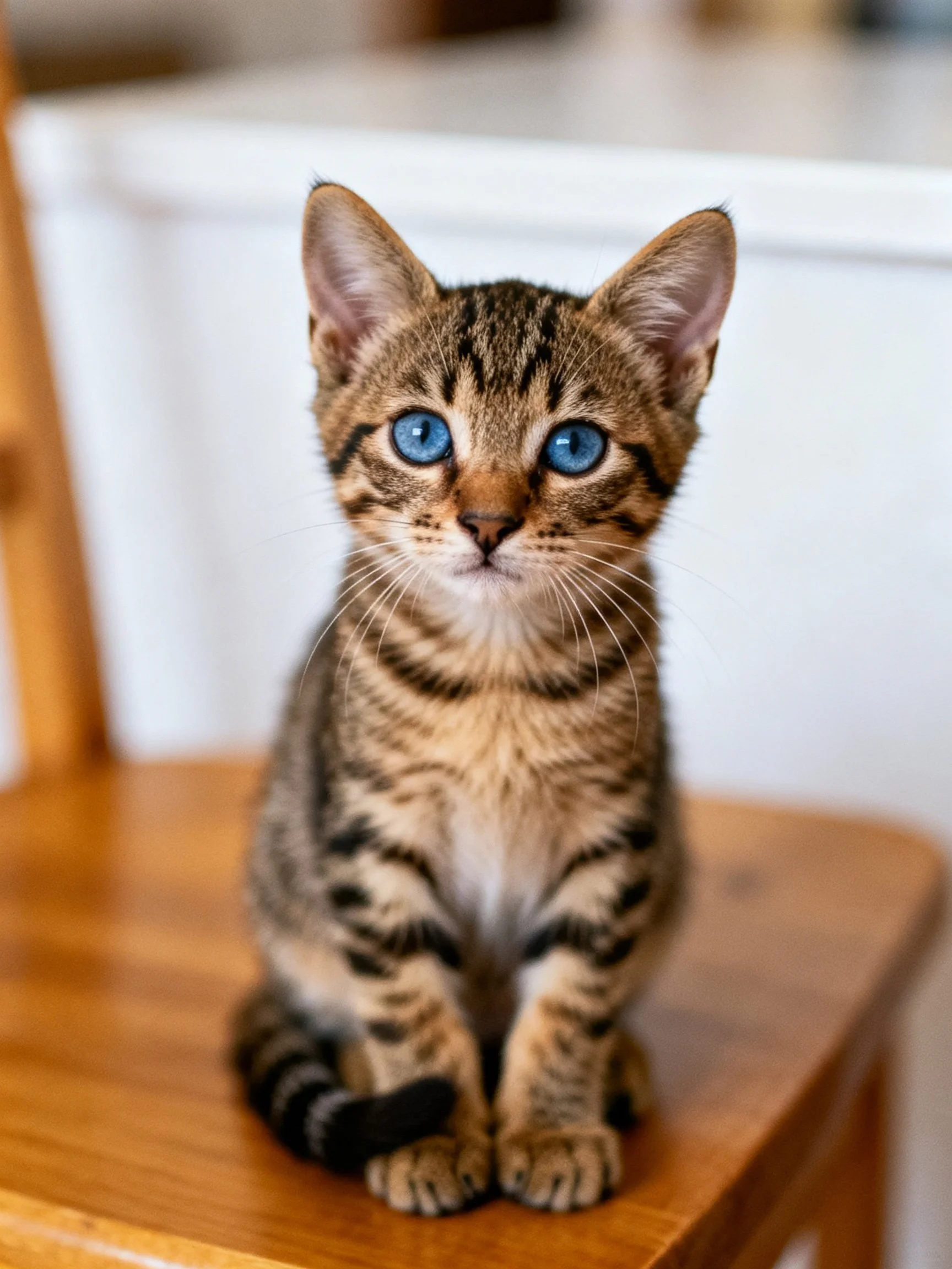 A brown tabby kitten with striking blue eyes sits on a wooden surface.