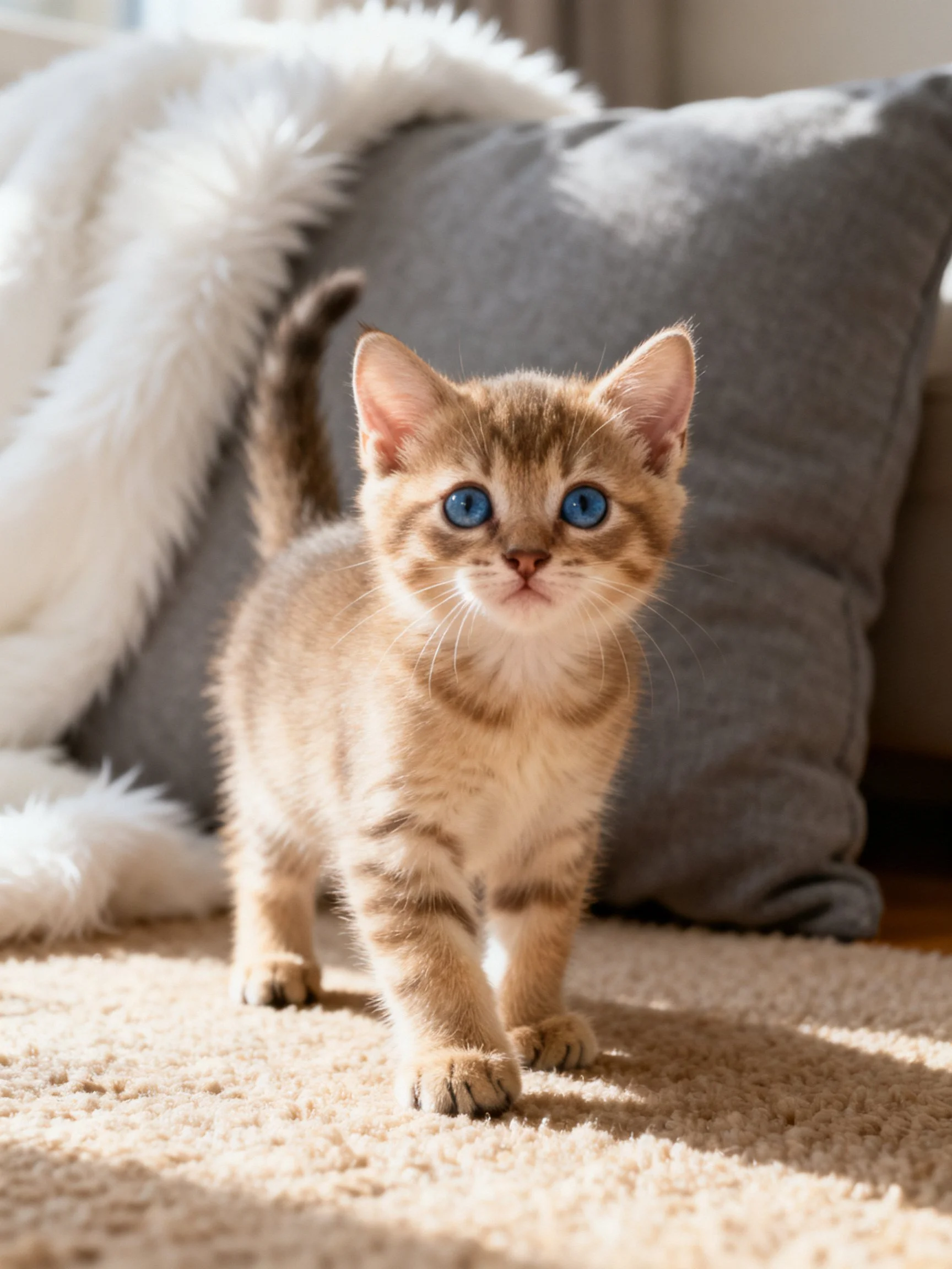 A small tabby kitten with blue eyes walks on a carpet near a gray cushion