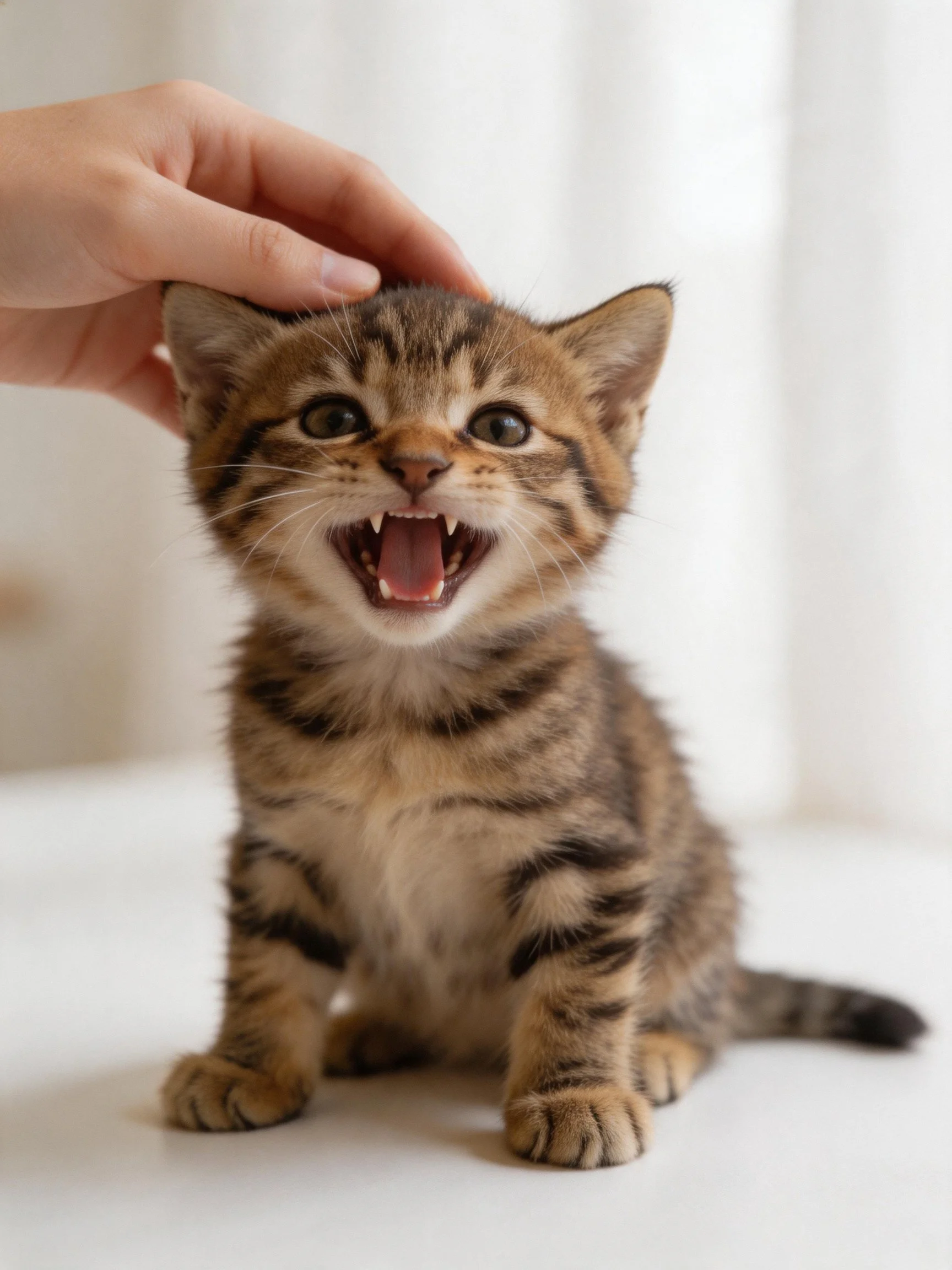 Asmall brown tabby kitten joyfully interacts with a hand.