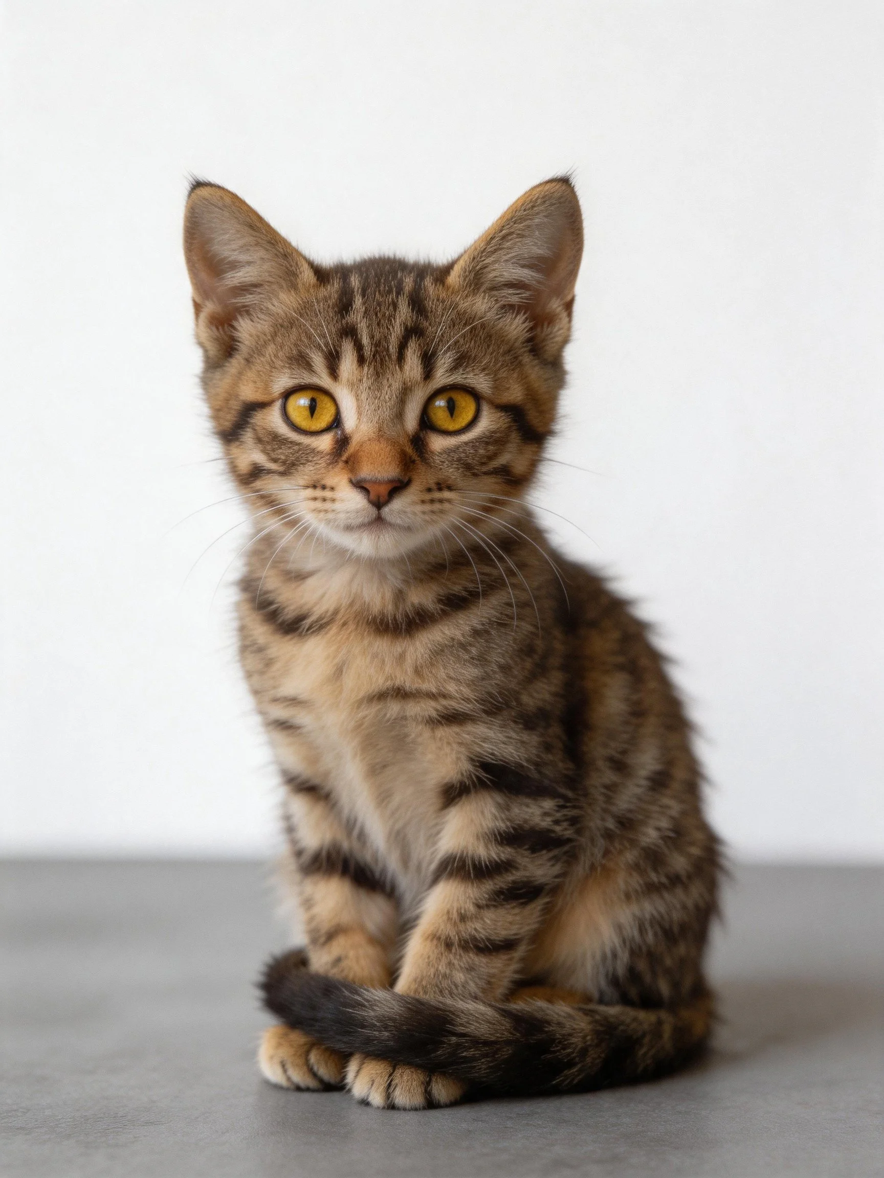 A small brown tabby kitten with yellow eyes sits calmly on a gray surface.