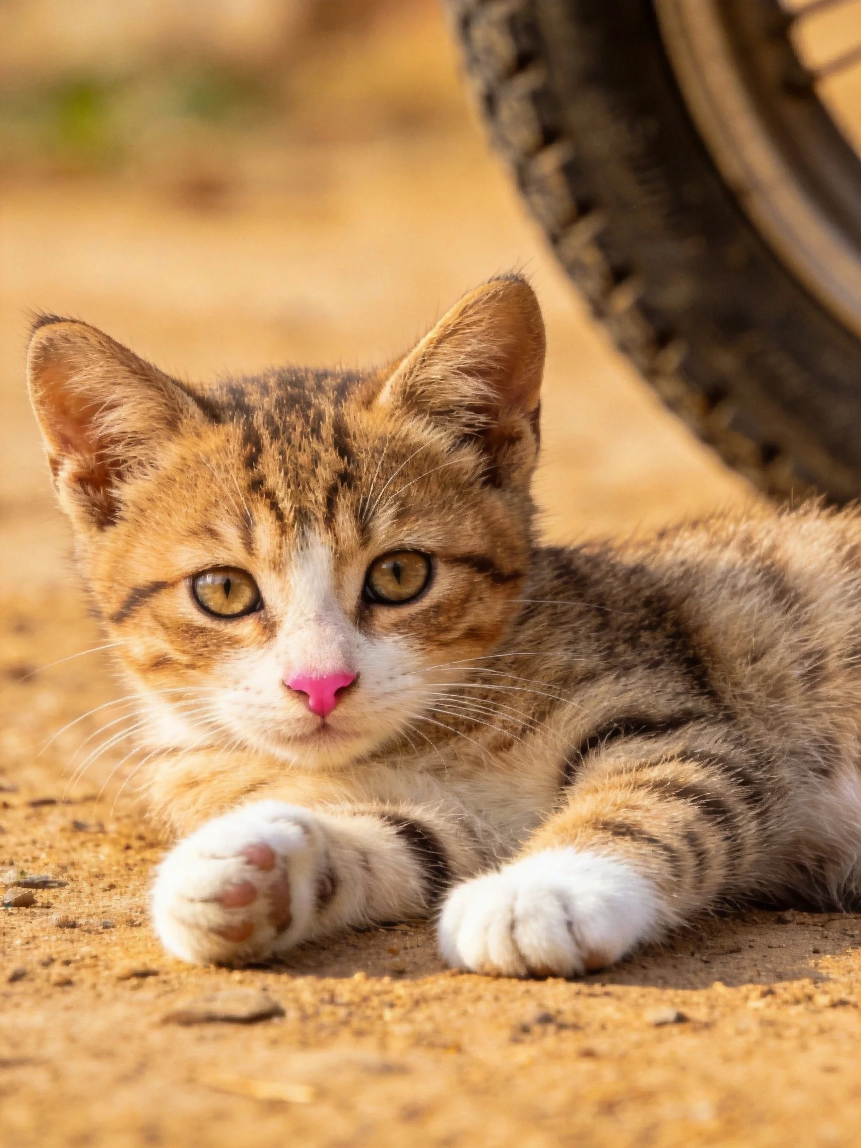 A small calico kitten lies near a bicycle tire on sandy terrain.