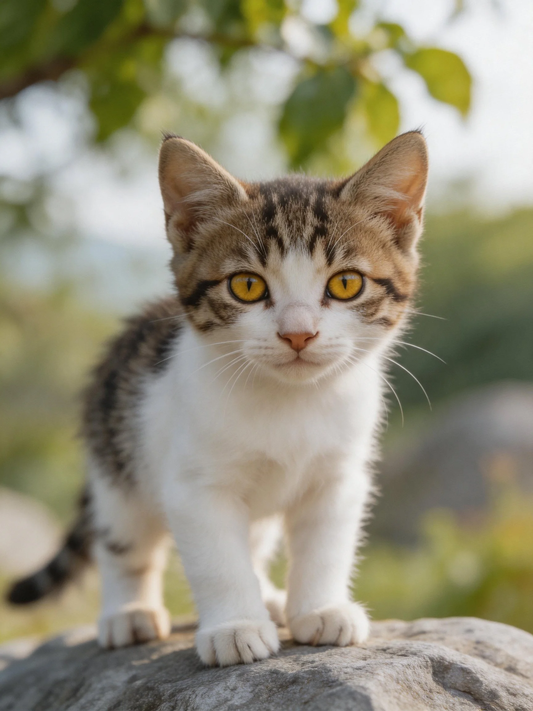 A young calico kitten stands on a rock in a sunlit outdoor area with greenery