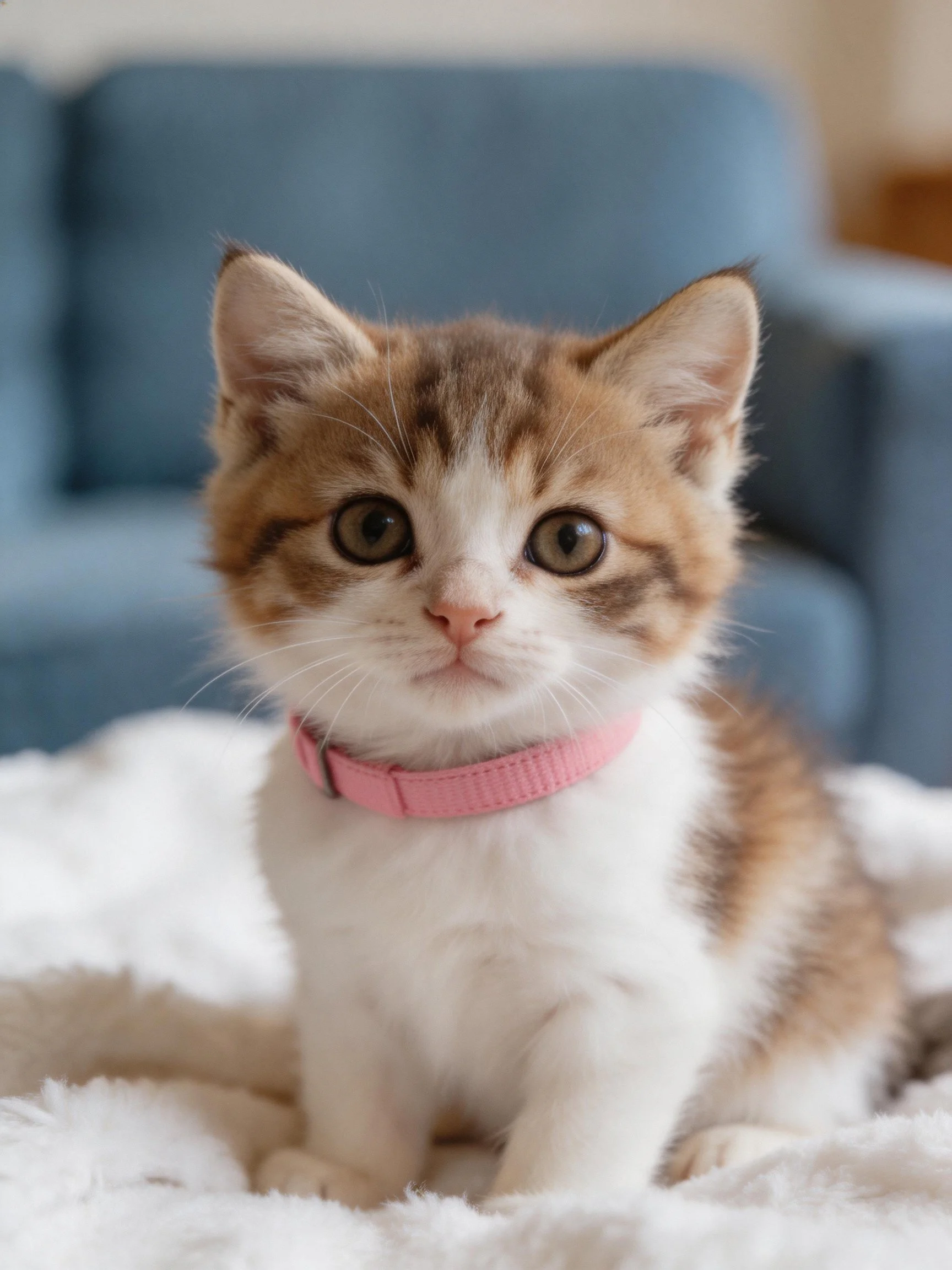 A small calico kitten with a pink collar sits on a white blanket near a blue couch.