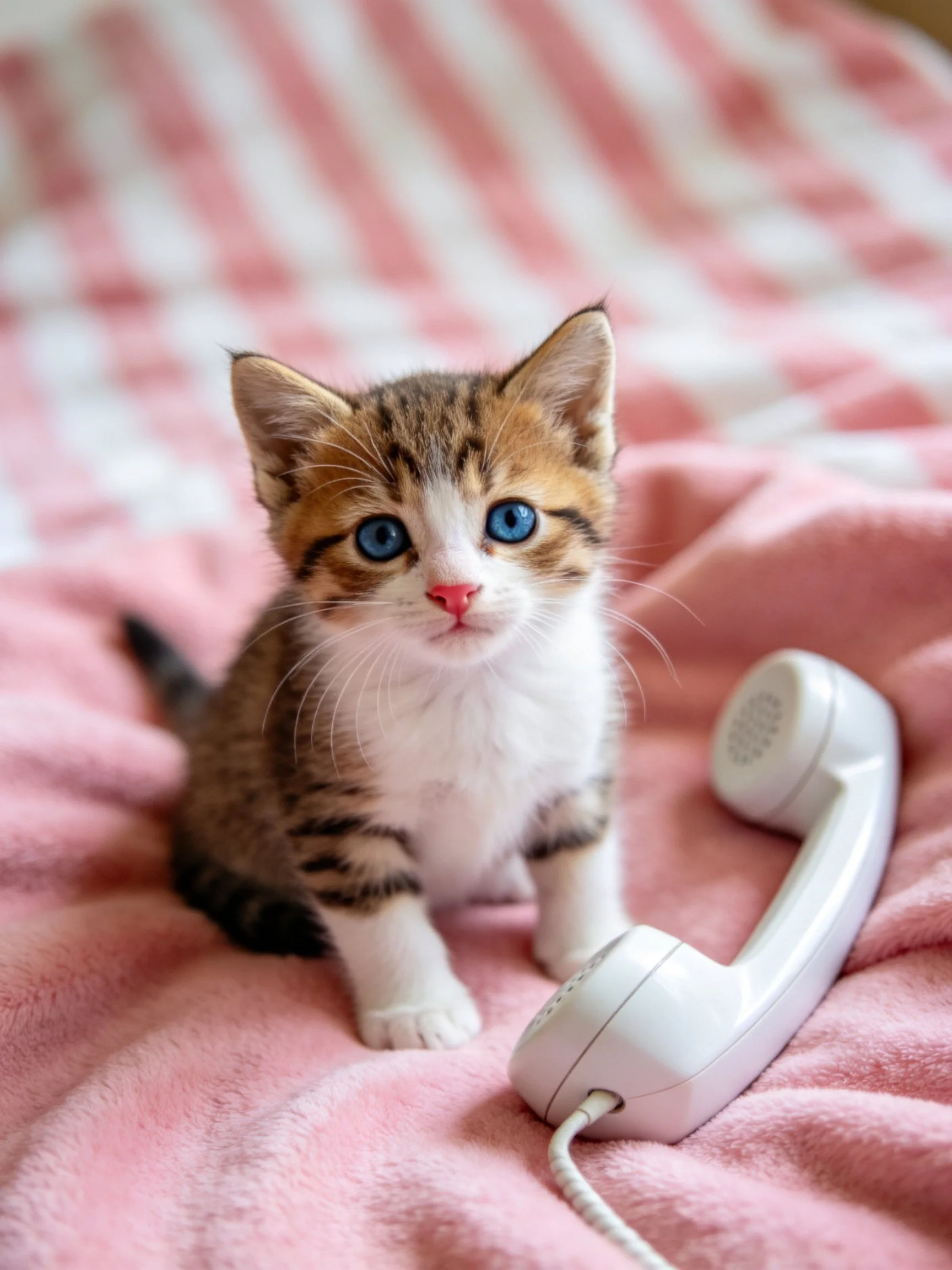 A small calico kitten with blue eyes sits on a pink blanket near a white telephone