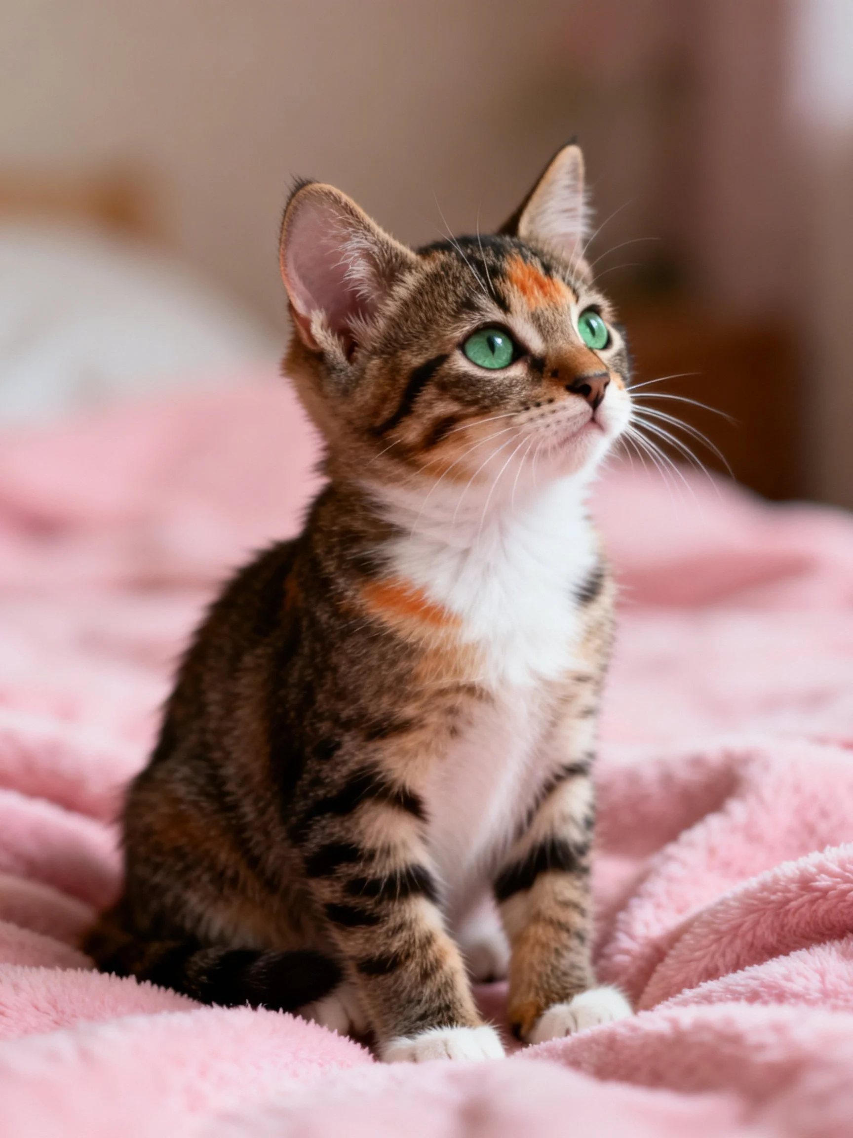 A small calico kitten with green eyes rests on a soft pink blanket.