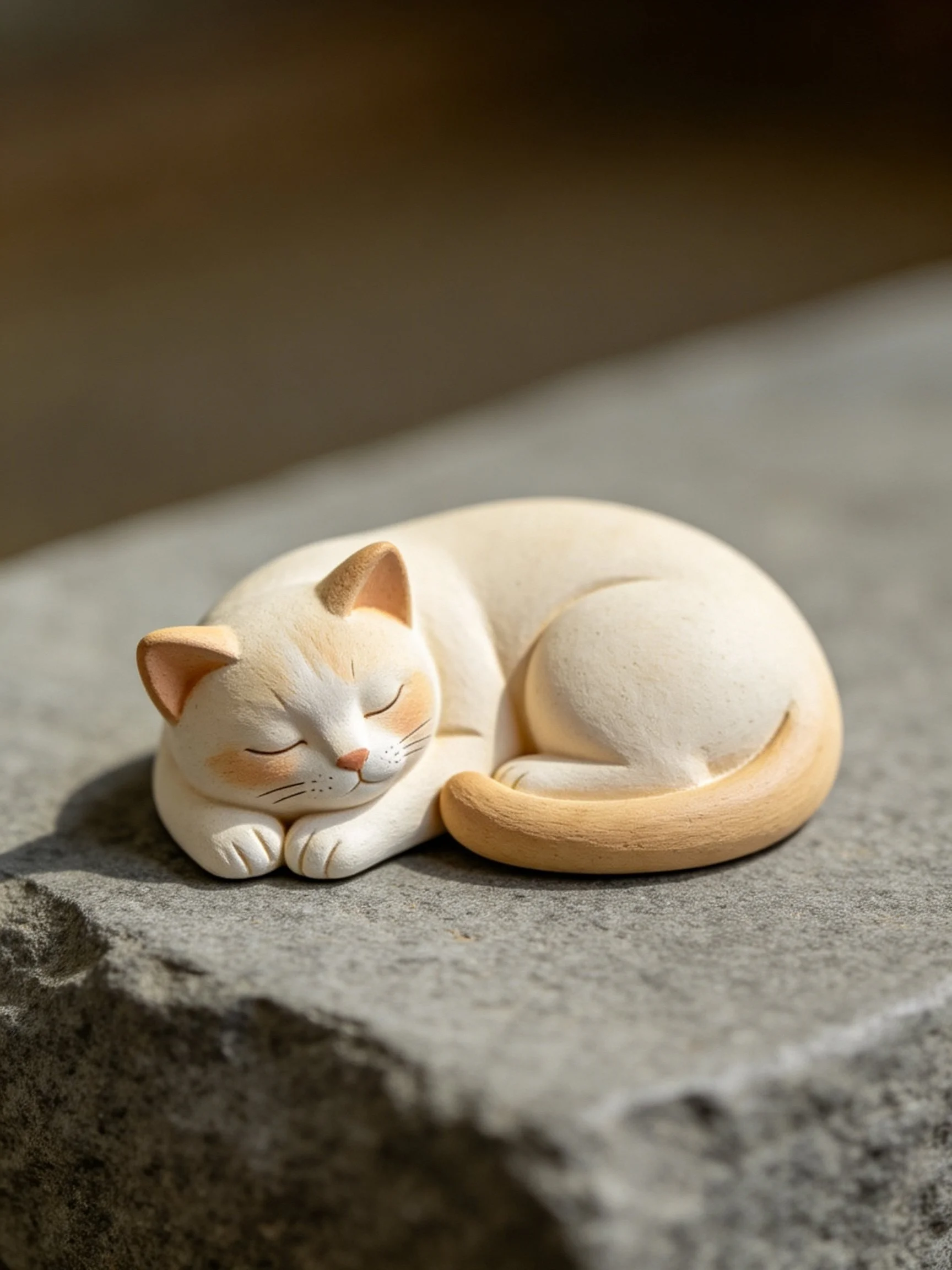 A small cream and tan cat figurine sleeps curled on a gray stone