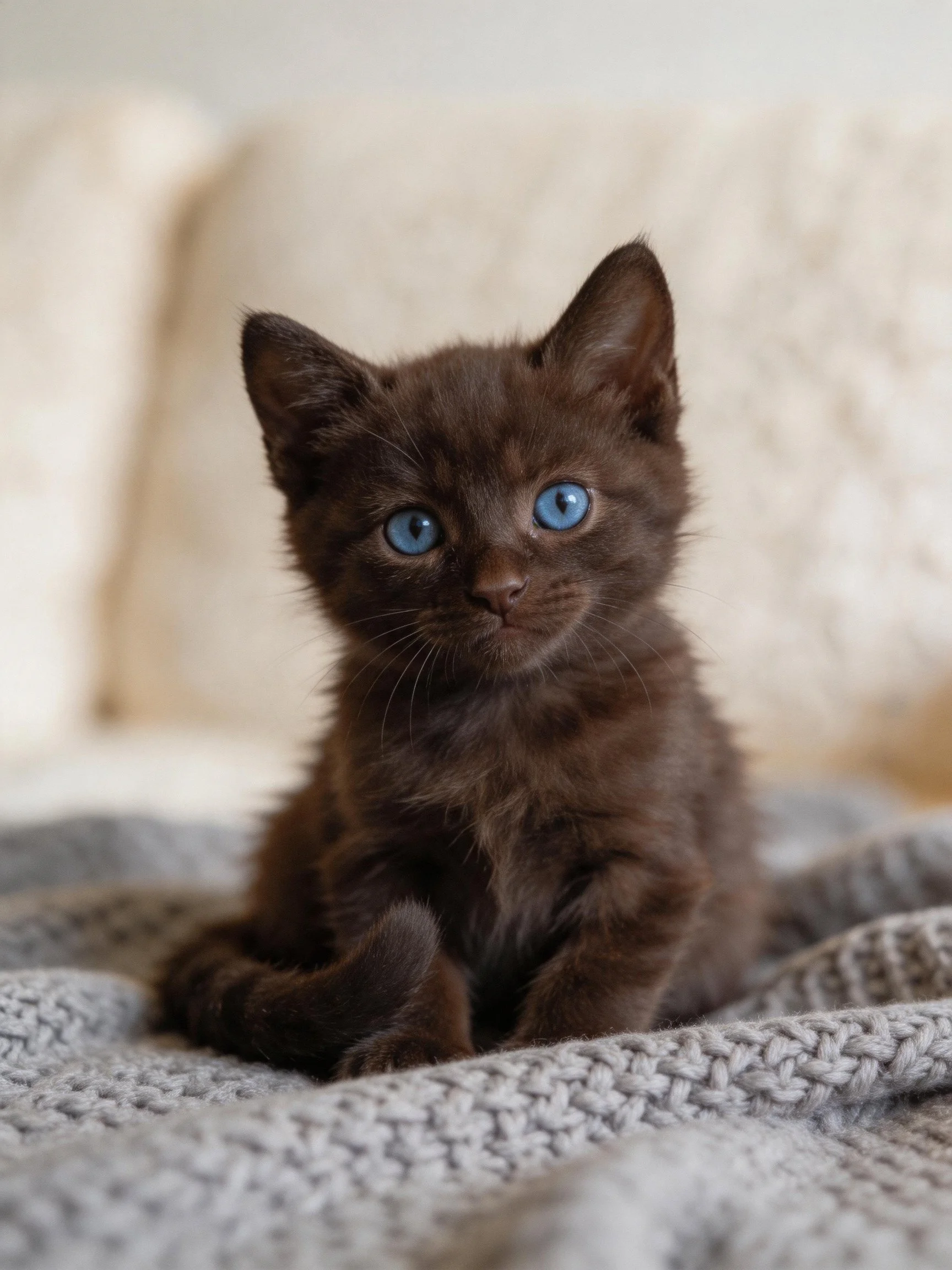 A small dark brown kitten with bright blue eyes sits on a gray blanket