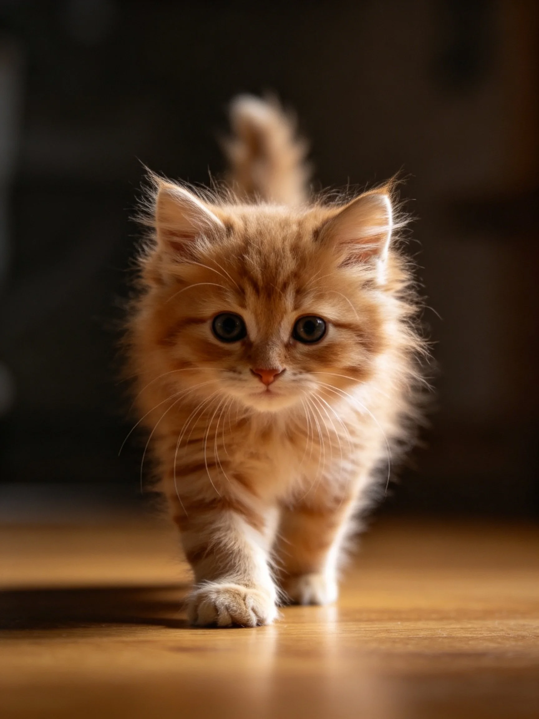 A small fluffy orange kitten walks on a wooden floor
