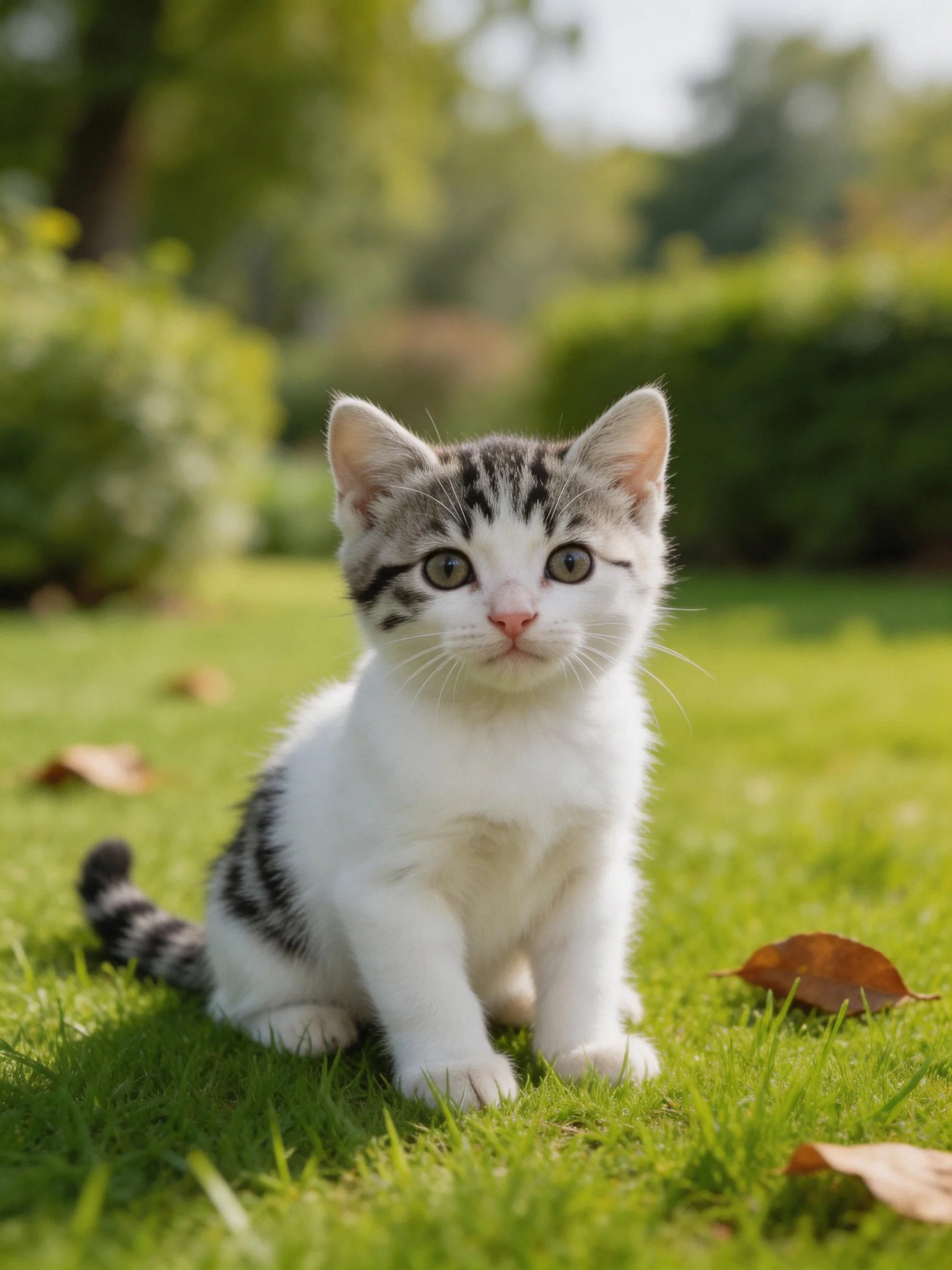 A small gray-and-white kitten sits on green grass in a sunny outdoor area.