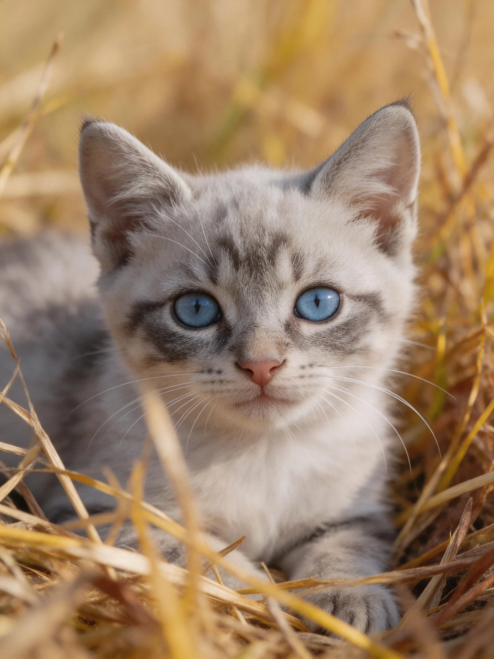 A small gray-and-white kitten with bright blue eyes in golden straw