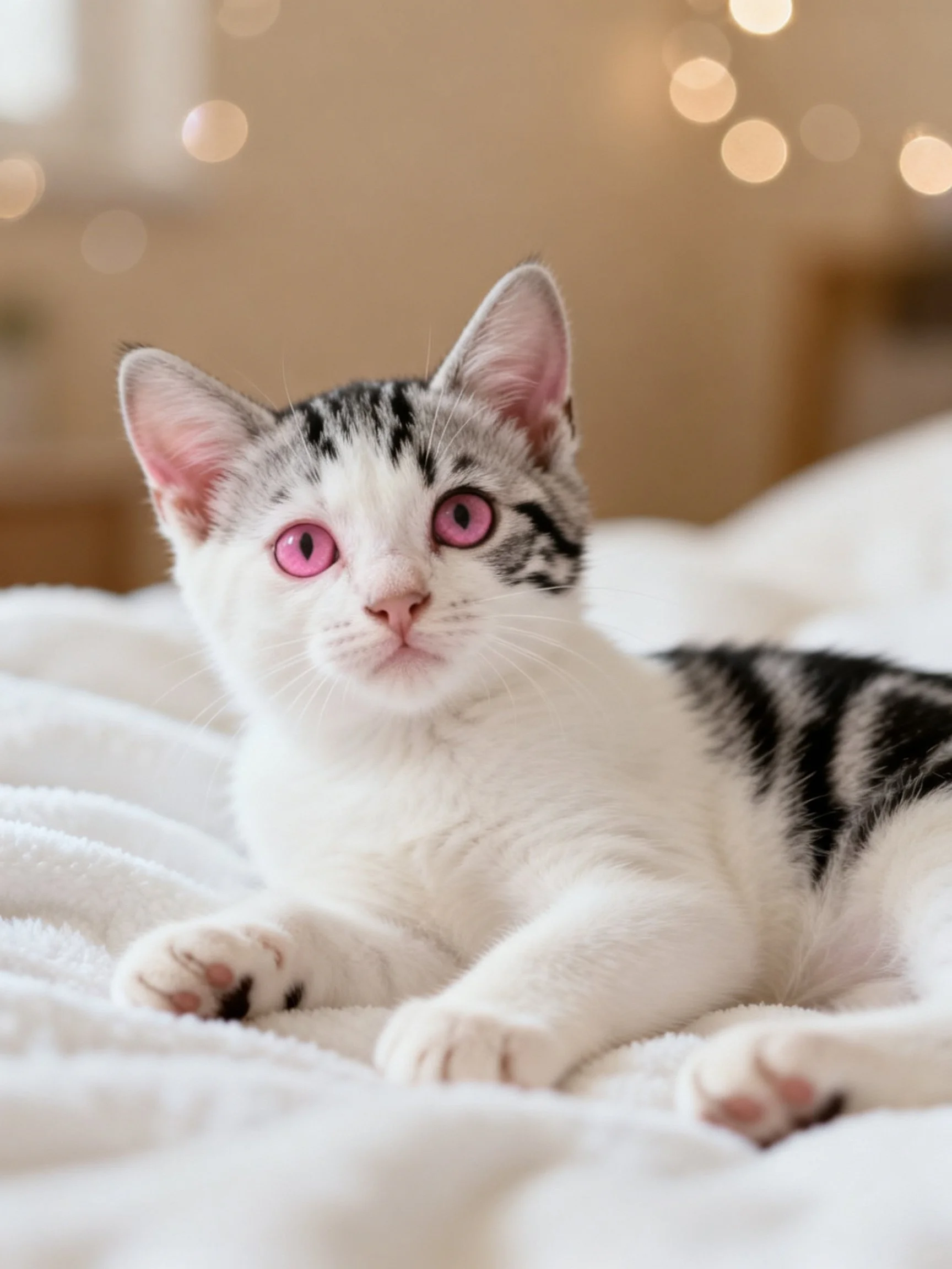 A small gray-and-white kitten with pink eyes relaxes on a white blanket