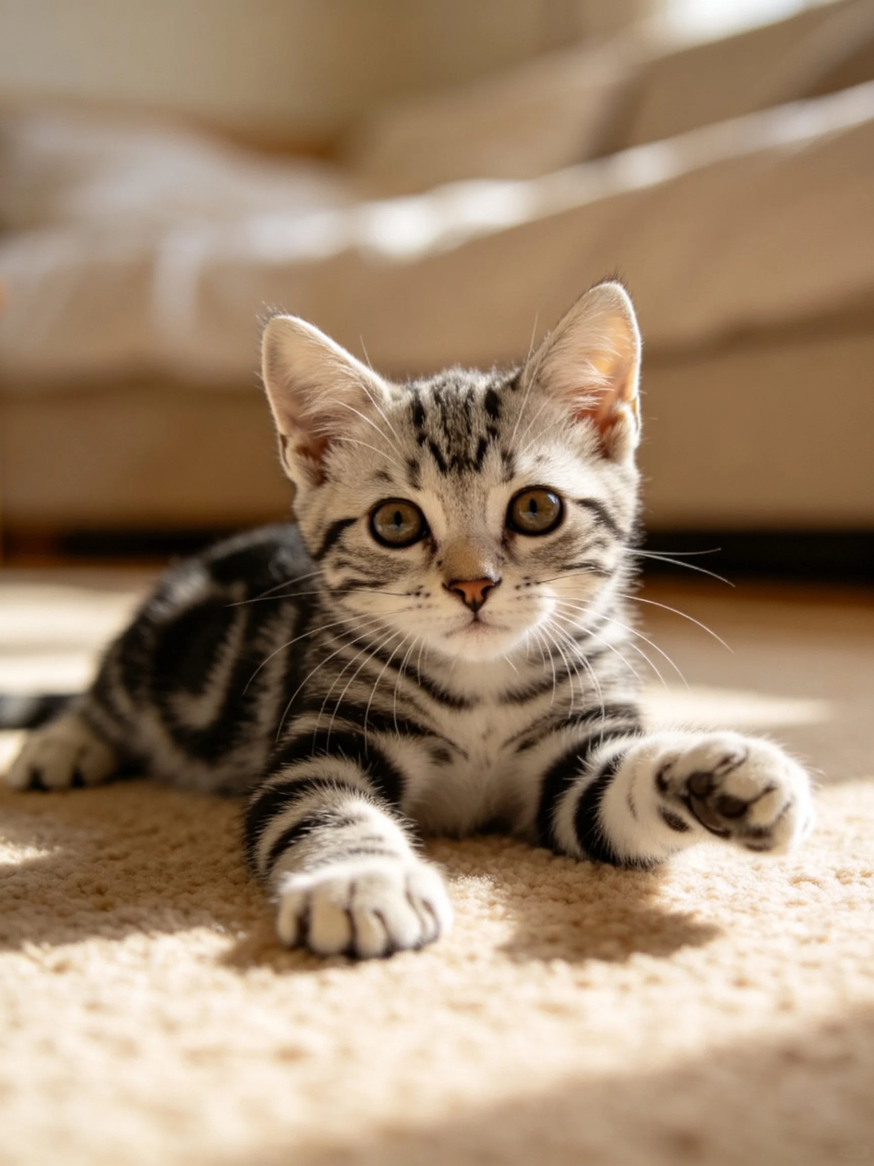A small tabby kitten rests on a carpeted area beside a sofa.