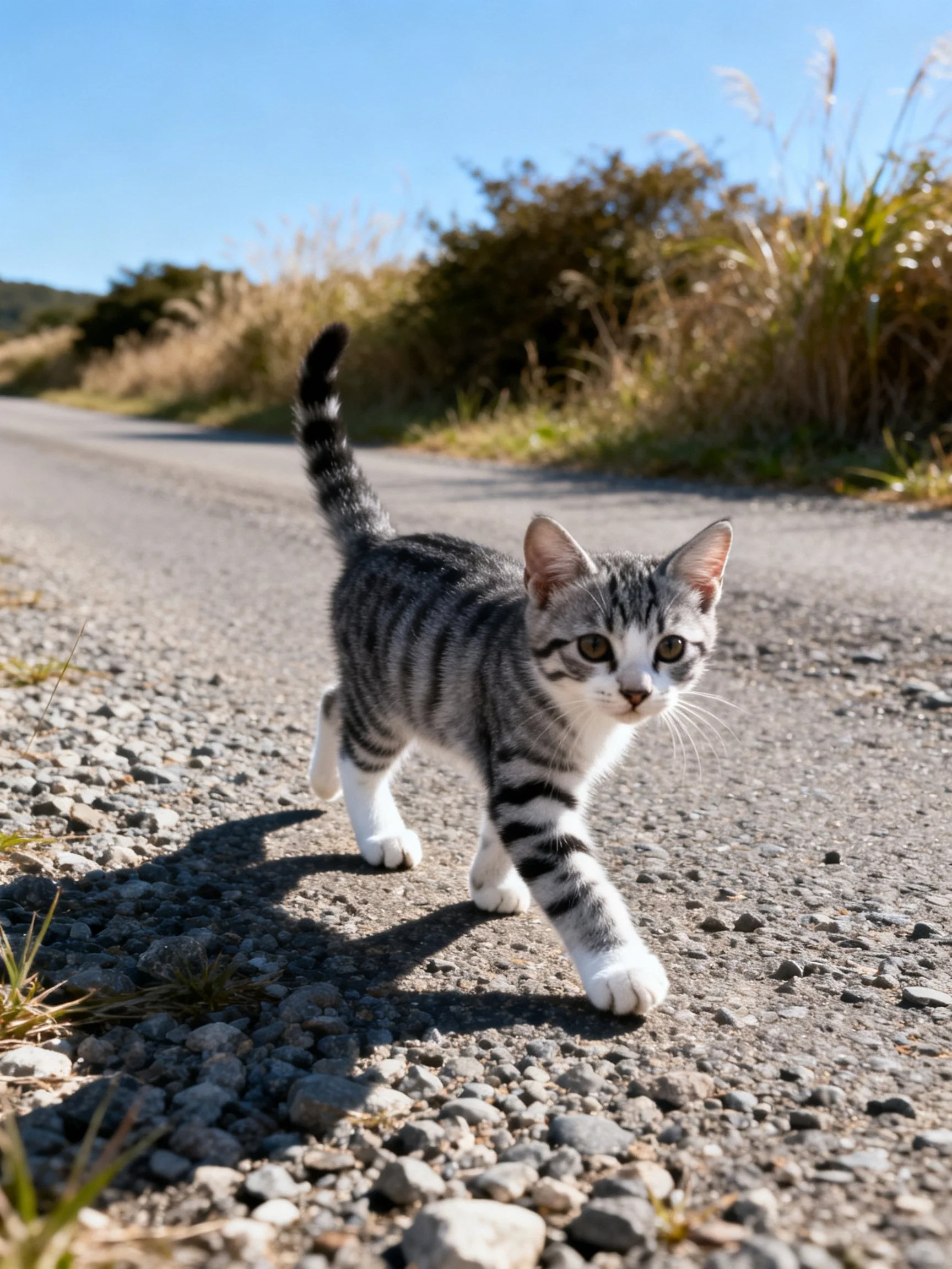 A young tabby kitten explores a gravel road near vegetation.